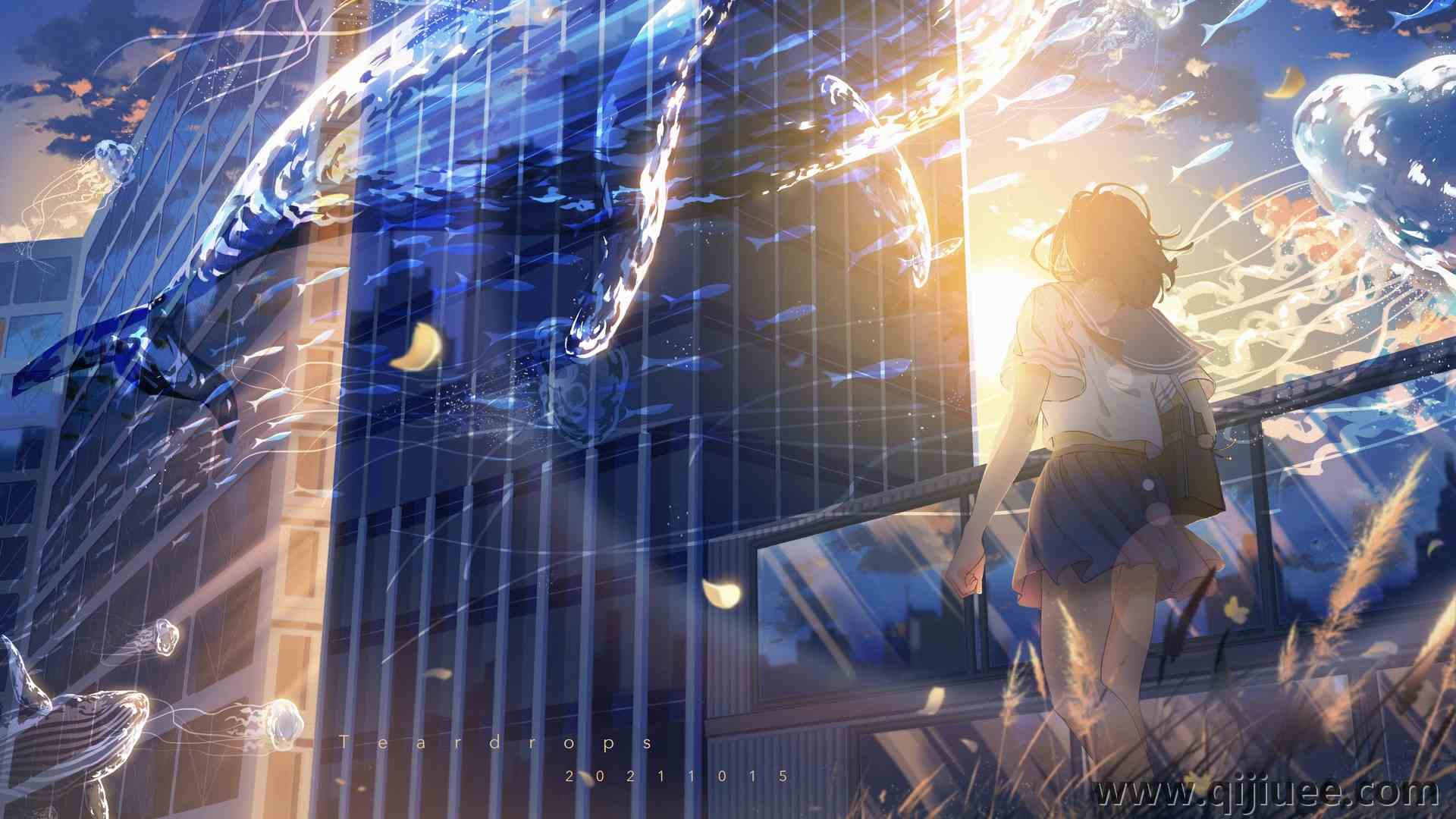 女学生 散步 动漫 动漫女孩 校服 日落 夕阳辉光 鲸鱼 水 天空 云 裙子 动物 水母 鱼 包 花  电脑壁纸 4K壁纸4616 x 2940/8.68 MB-柒染云阁
