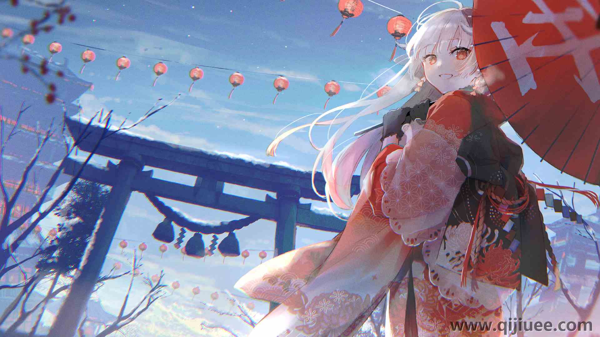 红眼睛 微笑 动漫 动漫女孩 雪 银发 伞 服装 和服 新年  电脑壁纸 4K壁纸4096 x 2768/18.65 MB-柒染云阁