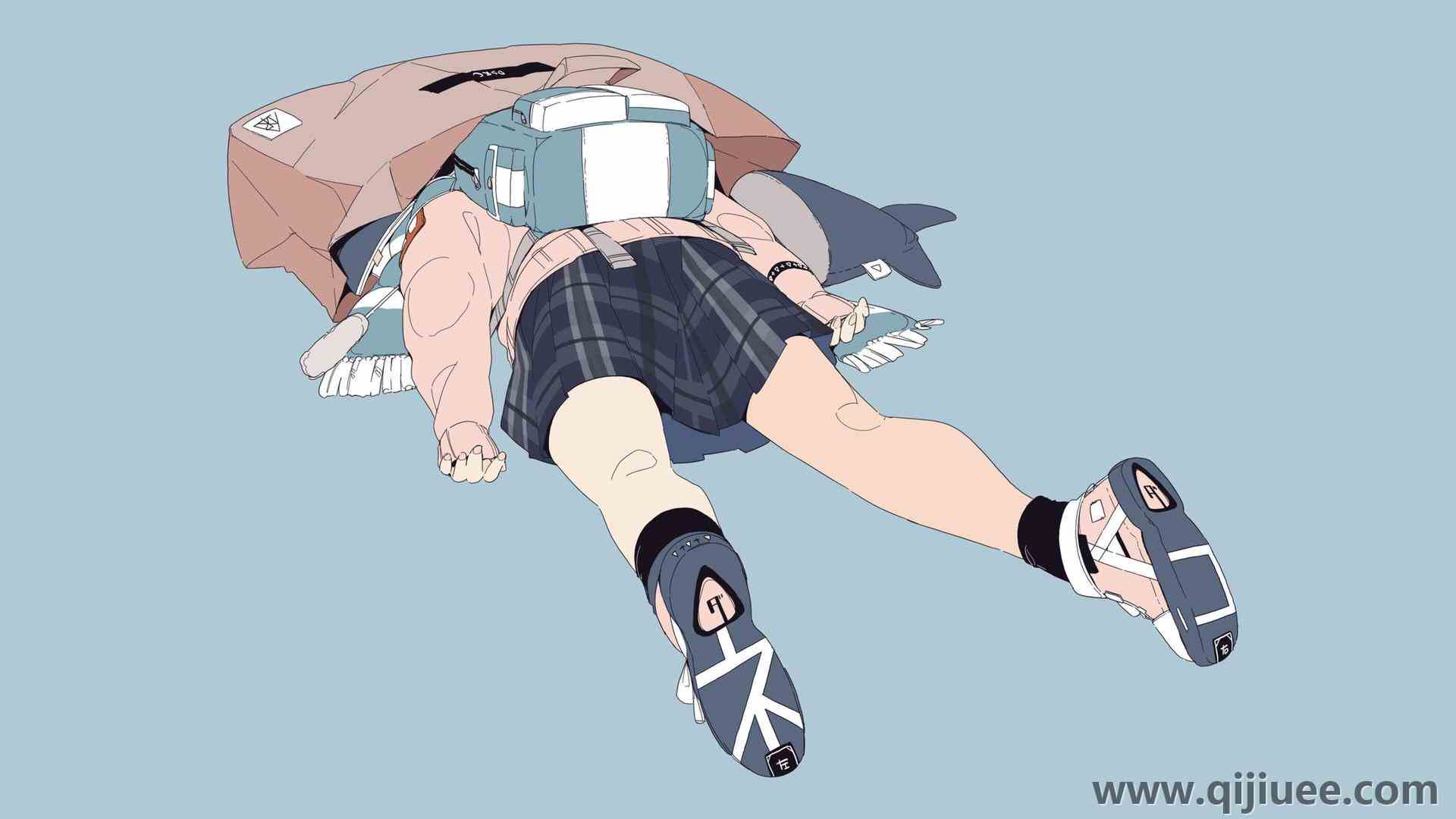女孩 校服 制服 JK 动漫女孩 蓝色 简单 极简主义 背包  电脑壁纸 4K壁纸3840 x 2160/0.33 MB-柒染云阁