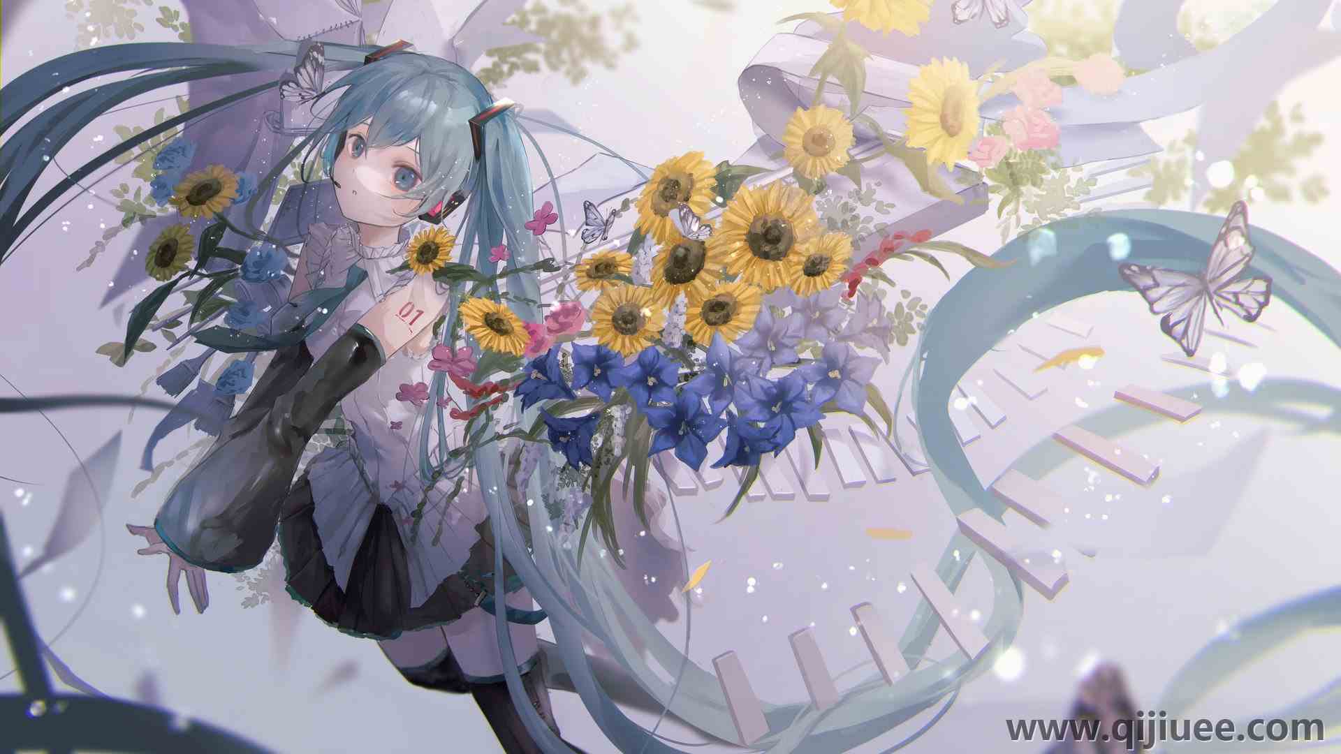 长发 蓝头发 蓝眼睛 初音 花 蝴蝶 向日葵  双尾 小提琴 动漫女孩  电脑壁纸 4K壁纸4096 x 2892/0.91 MB-柒染云阁