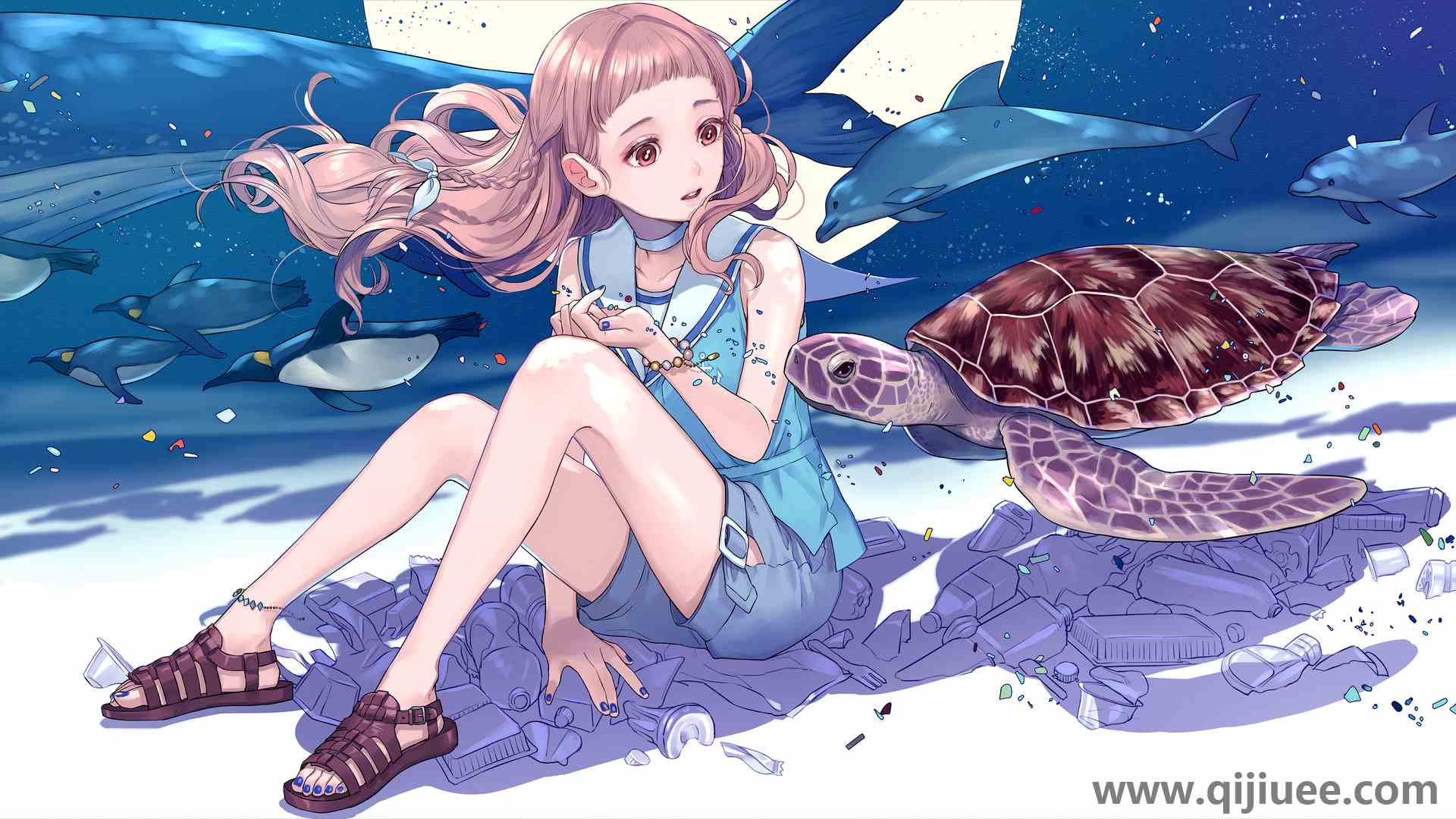 粉色头发 动漫 动漫女孩 棕色眼睛 蓝色 指甲 企鹅 海豚 海龟 海洋 水下  电脑壁纸 4K壁纸5120 x 2880/14.42 MB-柒染云阁