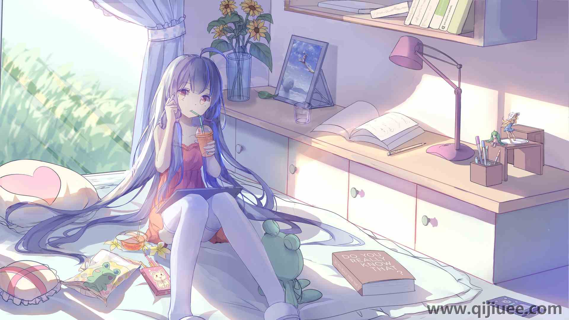 大腿 长发 动漫 动漫女孩 房间 室内 星尘  电脑壁纸 4K壁纸3840 x 2160/3.43 MB-柒染云阁