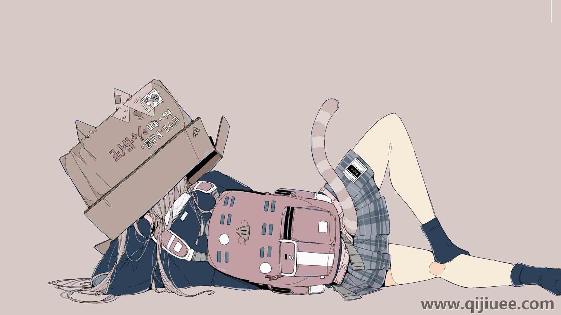 人物 侧卧 猫女孩 动漫女孩 极简主义 背包 简单背景 猫耳朵 猫尾巴  电脑壁纸 4K壁纸3840 x 2160/0.36 MB-柒染云阁