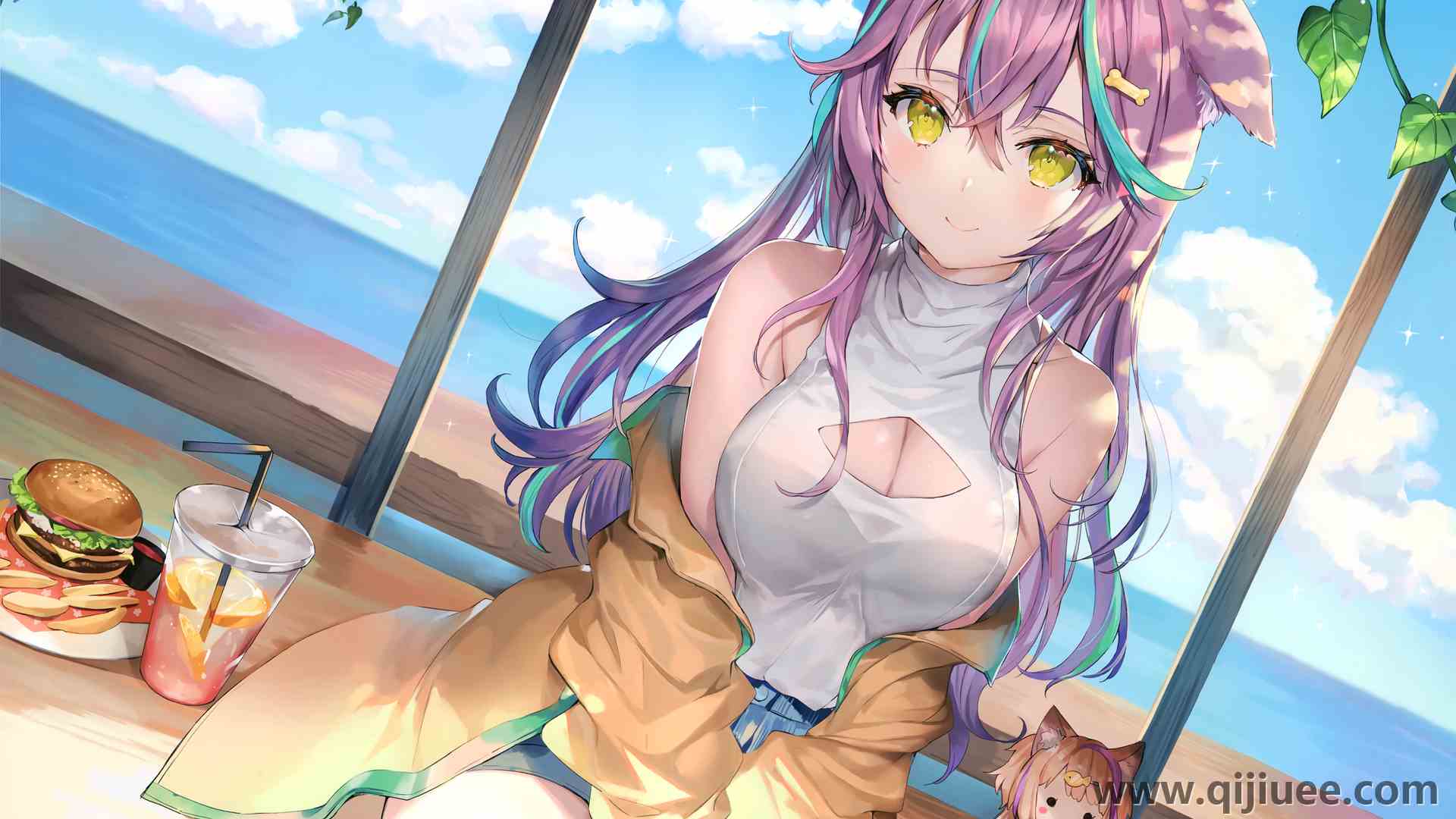莫莫科 紫色头发 微笑 动漫 动漫女孩 AI艺术 黄眼睛 兽耳  电脑壁纸 4K壁纸4214 x 2895/11.48 MB-柒染云阁