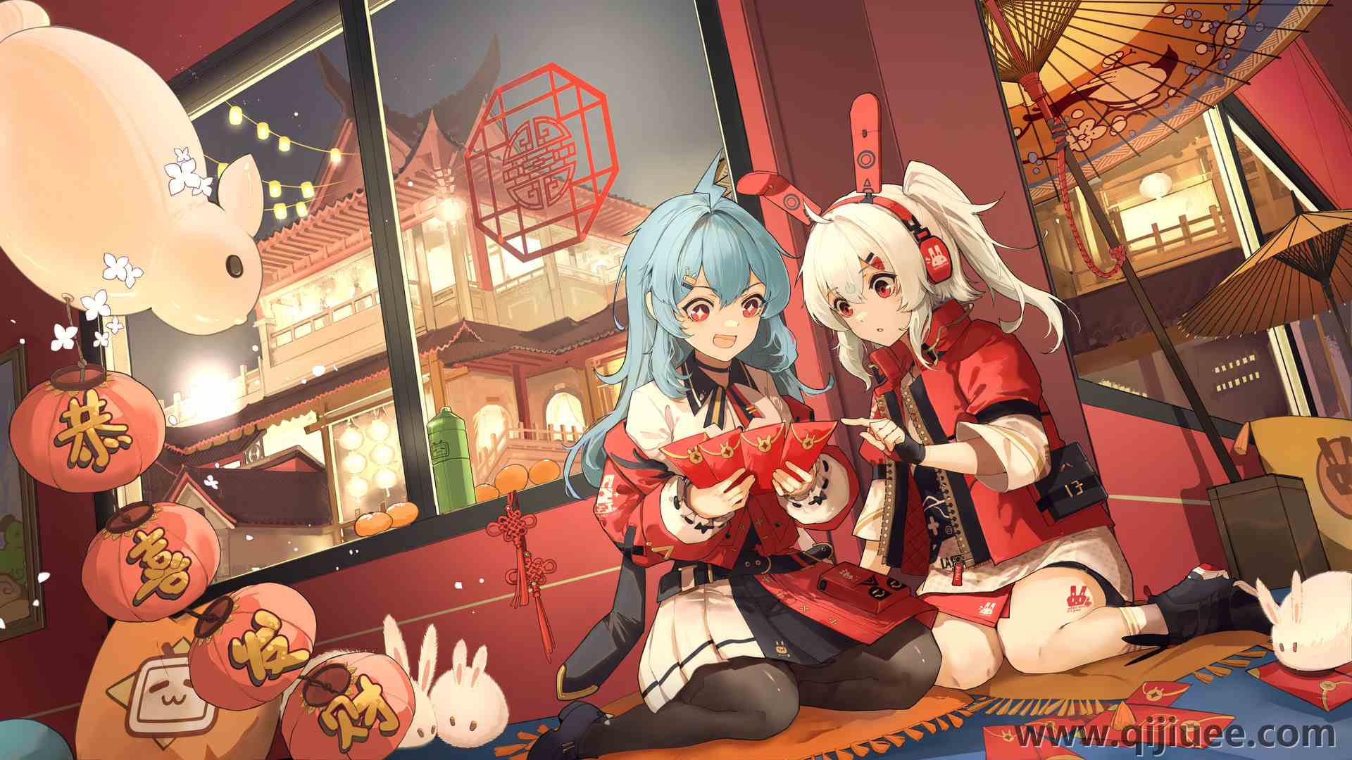 女孩 兔子耳朵 新年 红包 兔子 剪纸 中国新年 福贴 动漫女孩 星眼 耳机  电脑壁纸 4K壁纸5760 x 3240/2.6 MB-柒染云阁