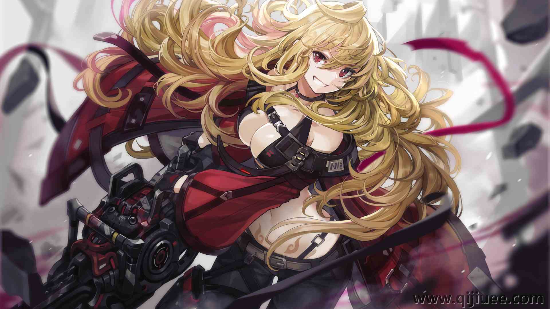 人物 女人 金发 长发 红眼睛 微笑 奇幻女孩 动漫女孩 动漫  武器 科幻 AI艺术 绘画  电脑壁纸 4K壁纸7000 x 4402/9.99 MB-柒染云阁