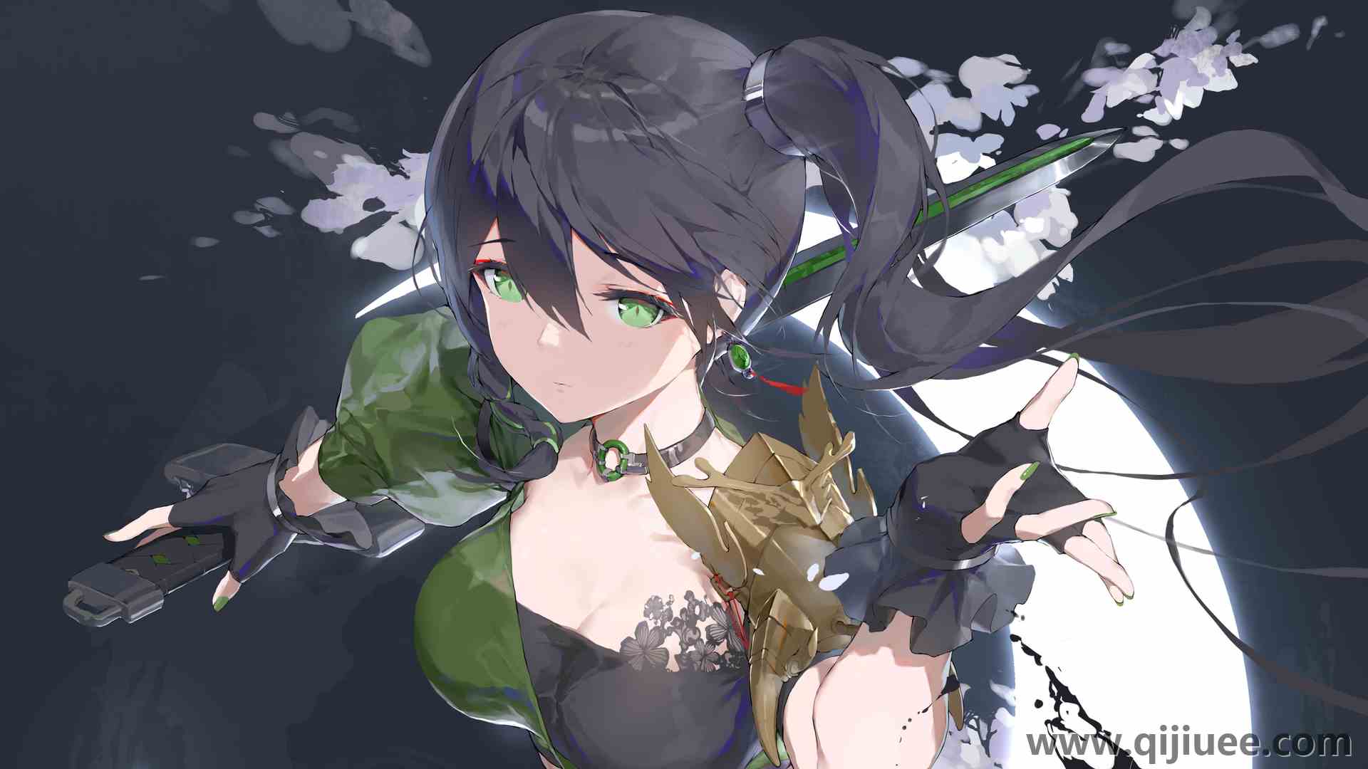 绿眼睛 马尾辫 长发 彩绘 指甲 动漫 动漫女孩 剑  花瓣 手套  电脑壁纸 4K壁纸3840 x 2160/3.58 MB-柒染云阁