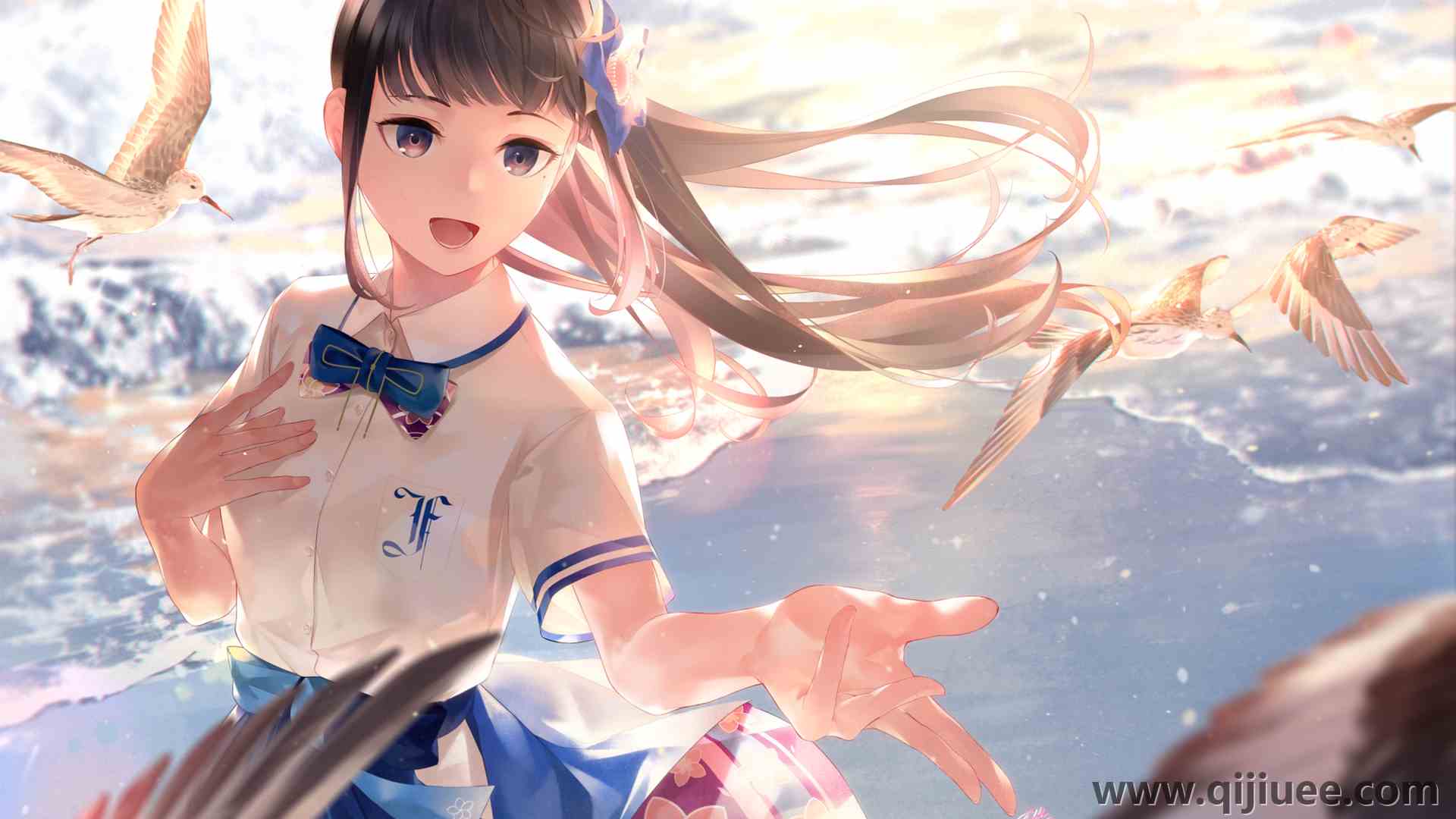 泽泽 动漫 动漫女孩 海滩 校服 鸟 唱歌 虚拟  电脑壁纸 4K壁纸3840 x 2160/3.39 MB-柒染云阁