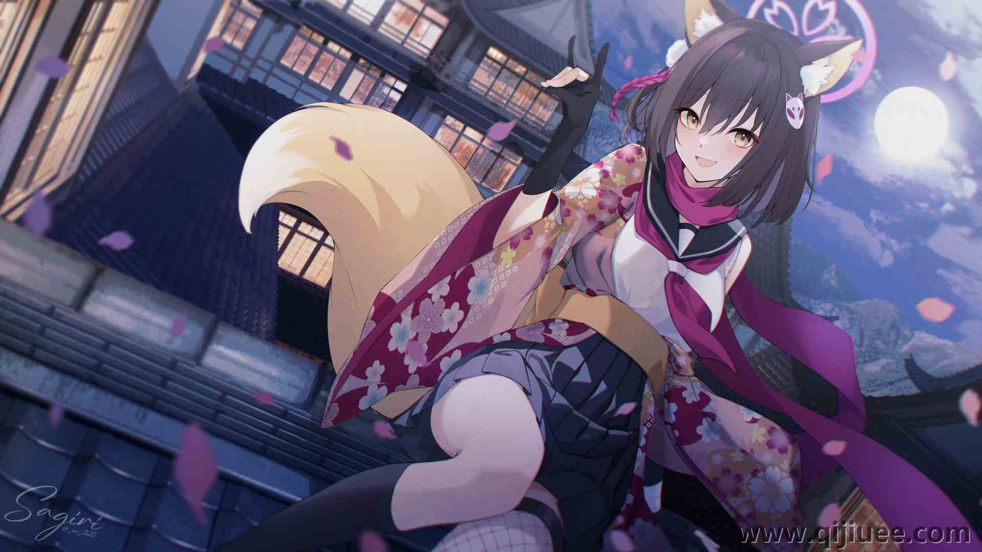 微笑 短发 狐狸耳朵 狐耳 狐狸尾巴 狐尾 深色头发 女学生 动漫 动漫女孩 蔚蓝档案 棕色眼睛  和服 校服  电脑壁纸 4K壁纸5760 x 3240/11.8 MB-柒染云阁
