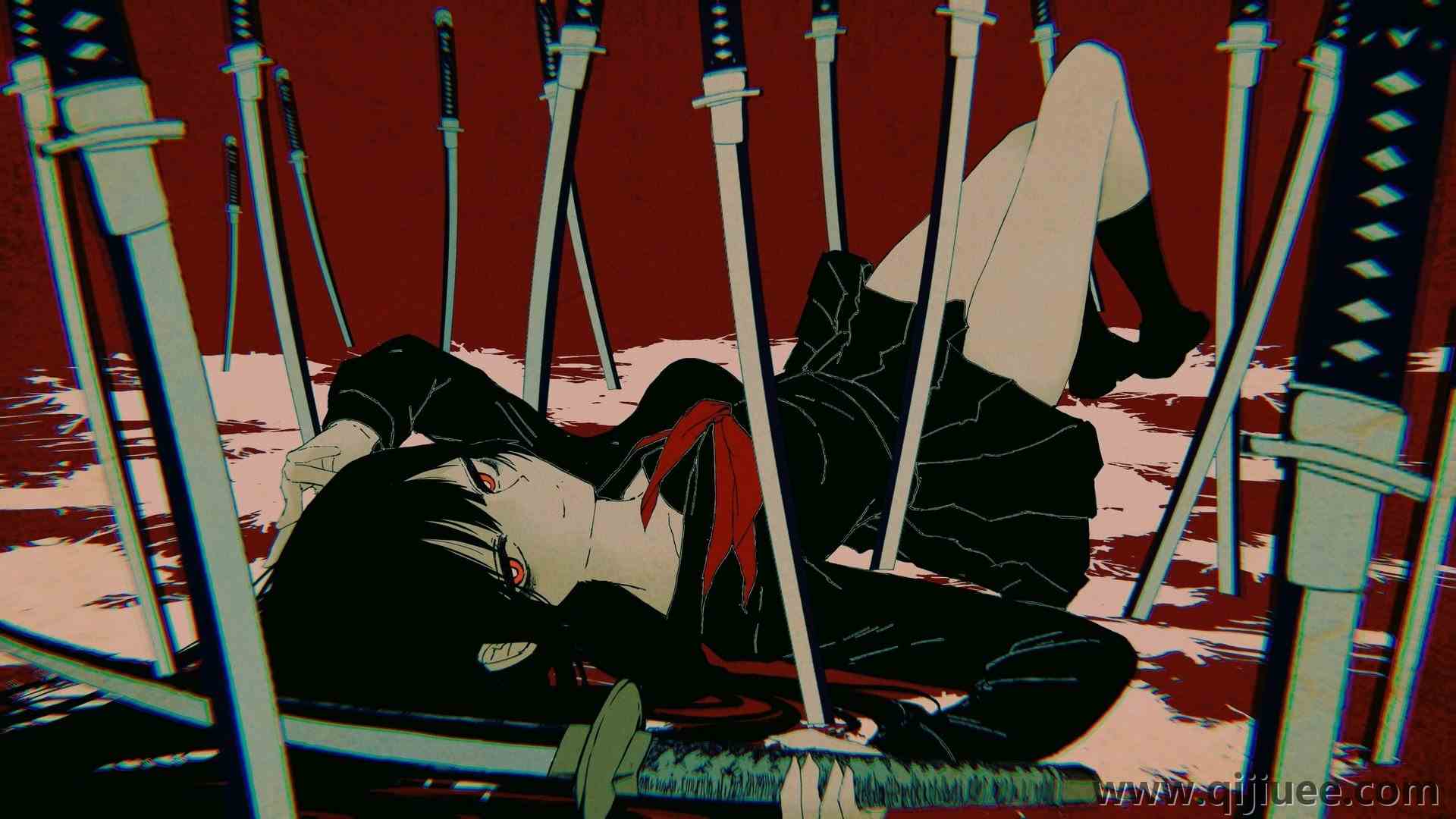 红眼睛 女学生 水手 制服 武士 动漫女孩 武器 黑发 校服  电脑壁纸 4K壁纸3843 x 2163/0.89 MB-柒染云阁