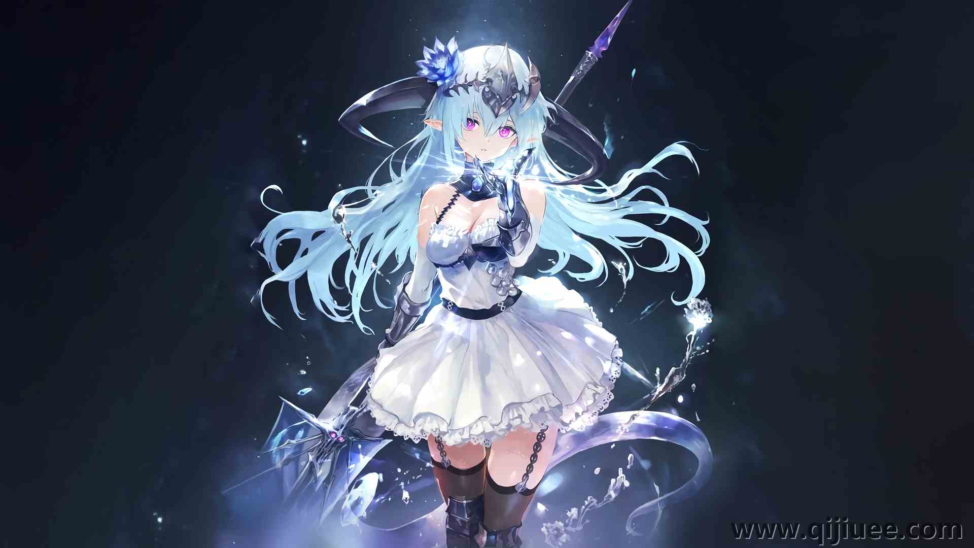 蓝色头发 红色眼睛 长发 动漫 动漫女孩 兽耳 武器 长筒袜  电脑壁纸 4K壁纸5724 x 3220/6.74 MB-柒染云阁