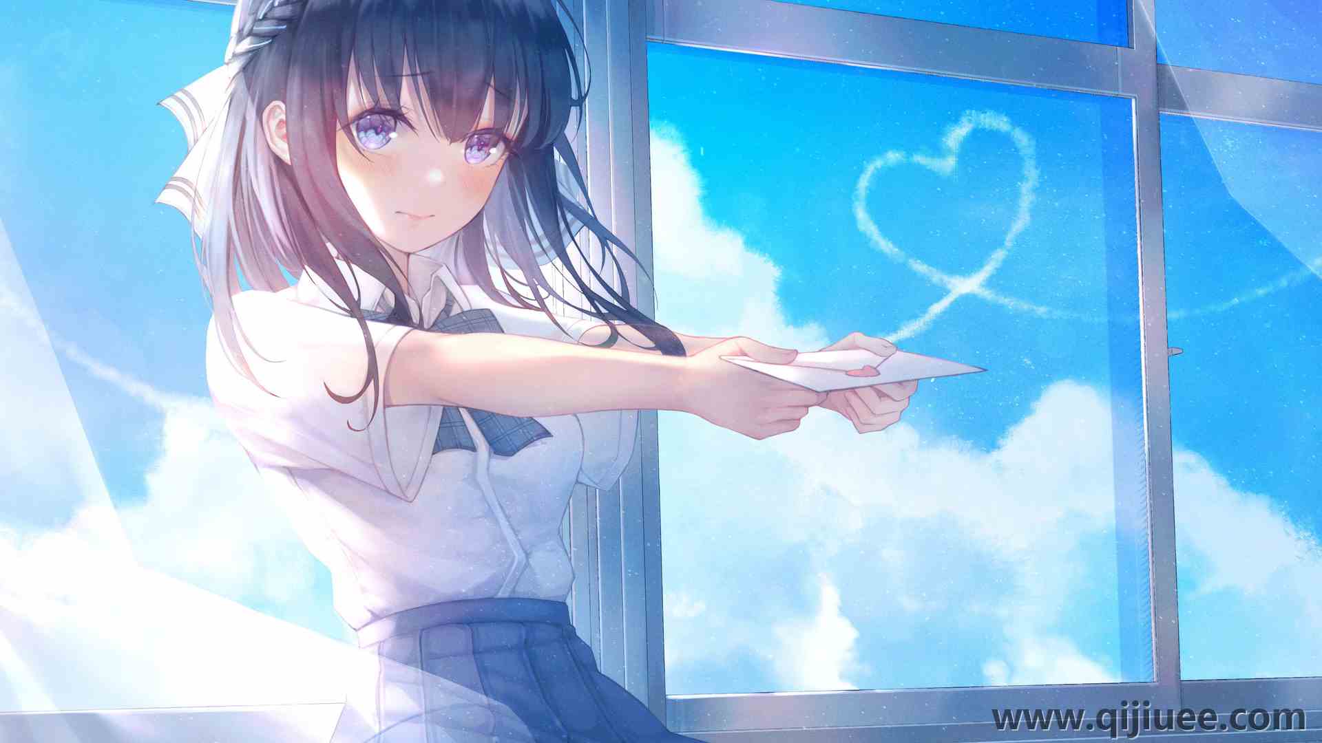 蓝眼睛 深色头发 动漫 动漫女孩 裁剪 窗户 字母 校服 腮红  电脑壁纸 4K壁纸3900 x 2500/2.22 MB-柒染云阁