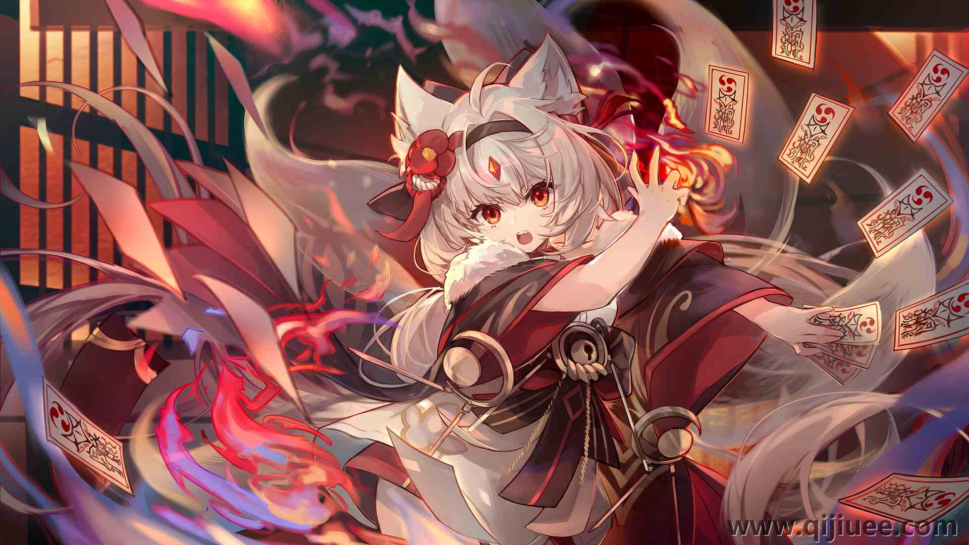 狐狸耳朵 狐耳 狐狸尾巴 狐尾 短发 动漫 动漫女孩 纸 火 狐狸女孩 狐女 枪女孩  电脑壁纸 4K壁纸3840 x 2160/9.08 MB-柒染云阁