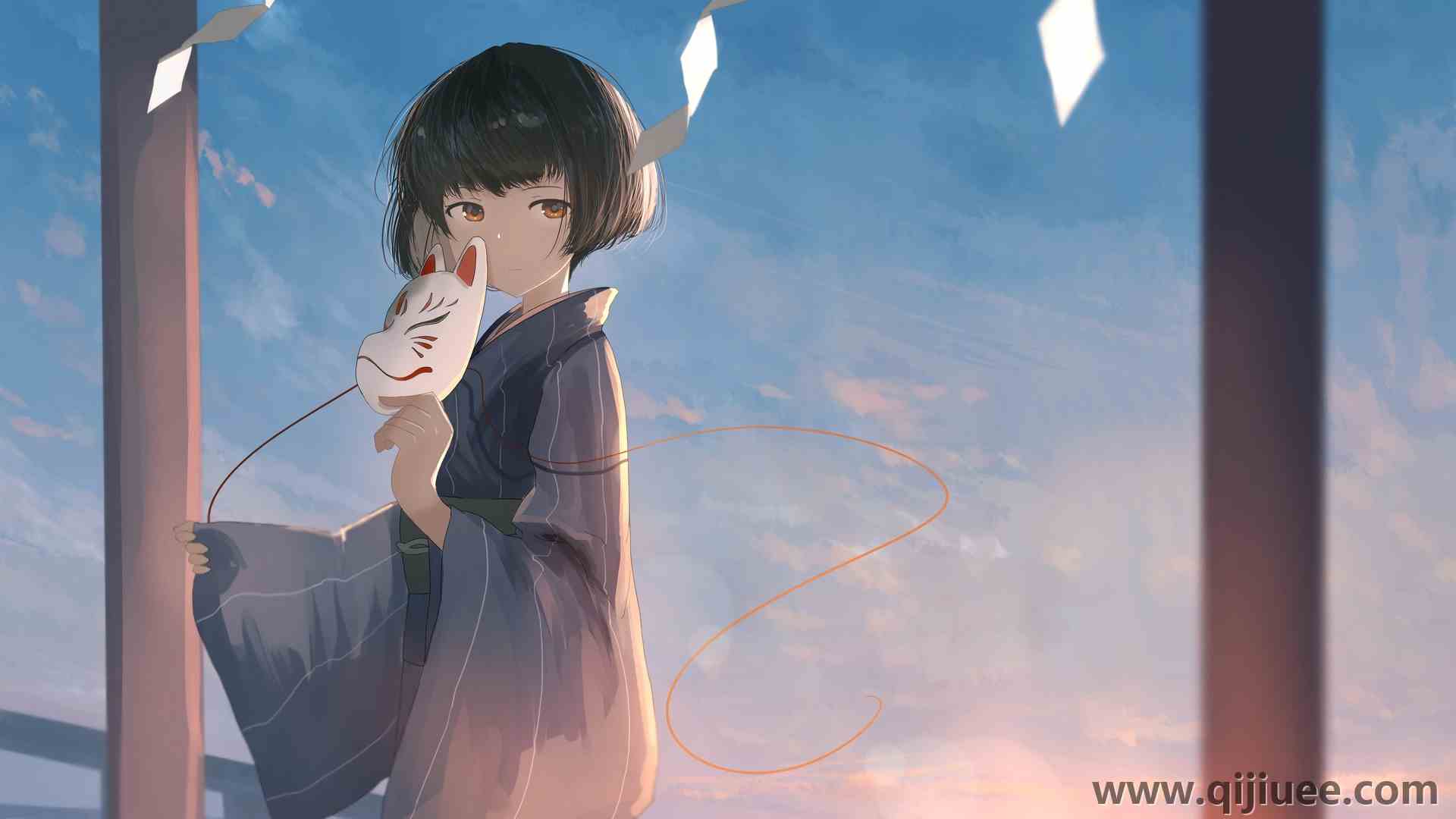 女孩 动漫女孩 短发 和服 面具 蓝色  电脑壁纸 4K壁纸4227 x 2747/1.09 MB-柒染云阁