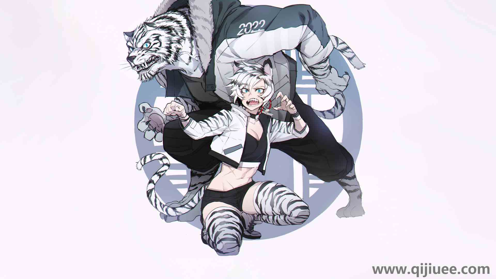 人物 猫女 短发 尖牙 老虎 猫耳朵 猫尾巴 大腿 动漫 动漫女孩 数字艺术  电脑壁纸 4K壁纸3840 x 2160/3.83 MB-柒染云阁