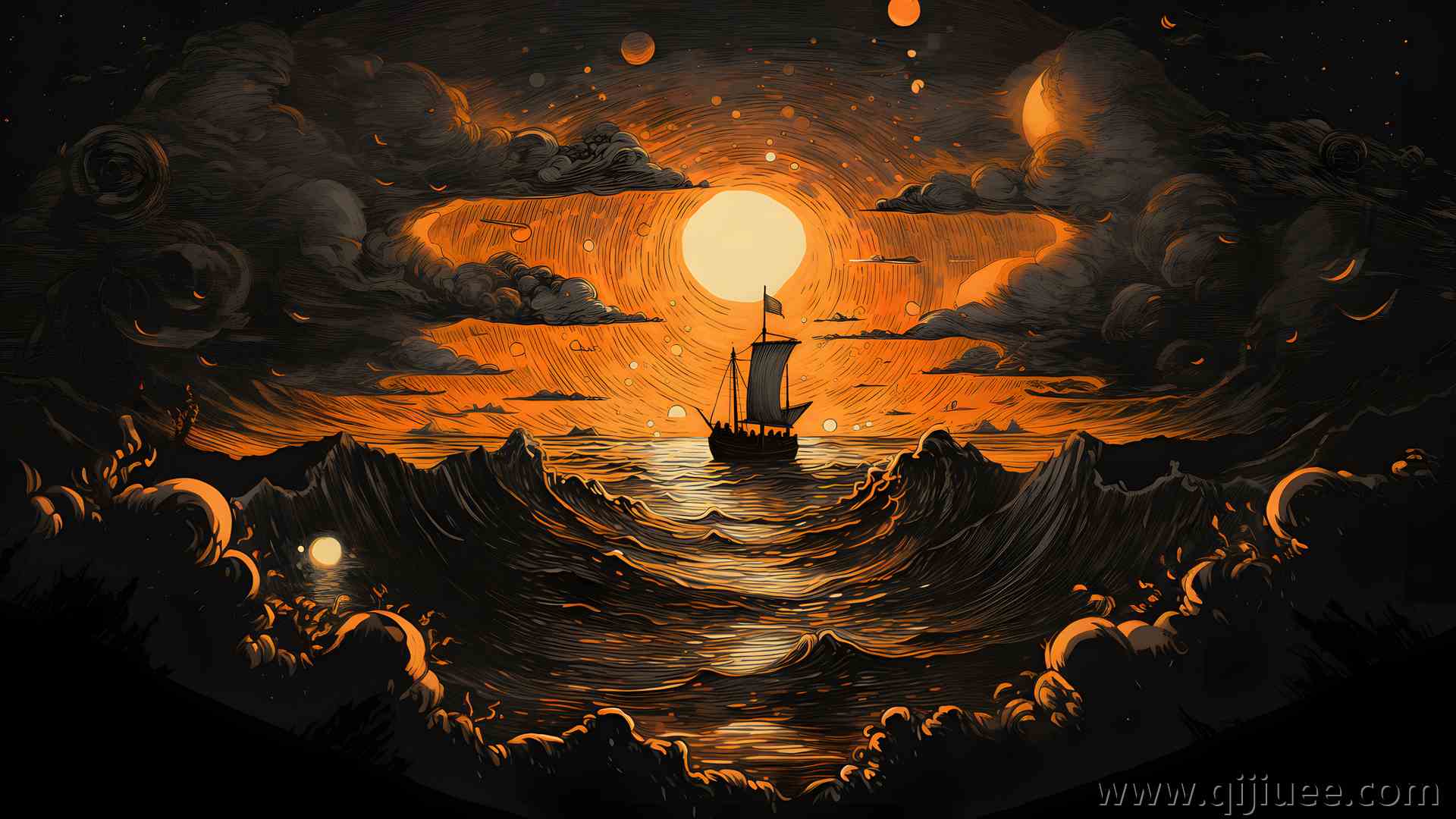 风景 艺术 海景 AI艺术 水 船 太阳 云 天空 波浪  电脑壁纸 4K壁纸3840 x 2160/4.68 MB-柒染云阁