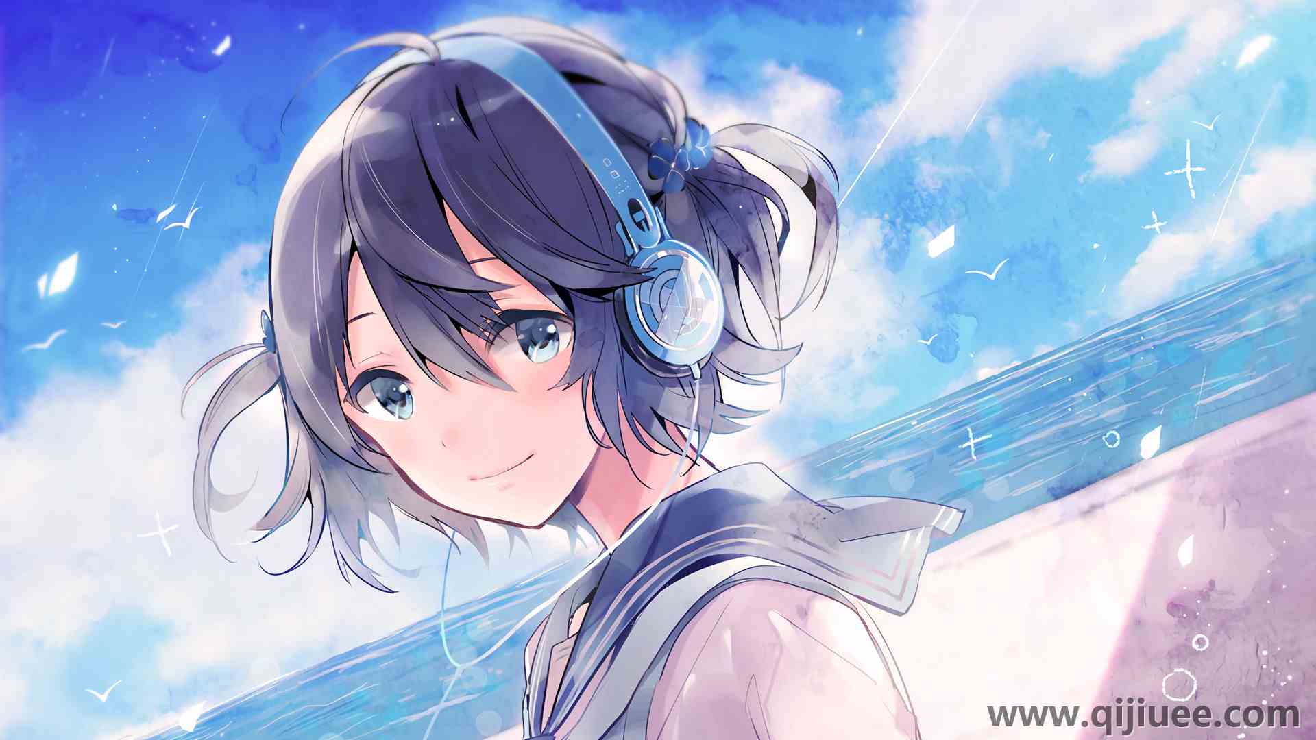 短发 微笑 蓝眼睛 女学生 脸 知音 数码艺术 插图 动漫 动漫女孩 耳机 水 海洋 校服  电脑壁纸 4K壁纸3840 x 2160/1.7 MB-柒染云阁