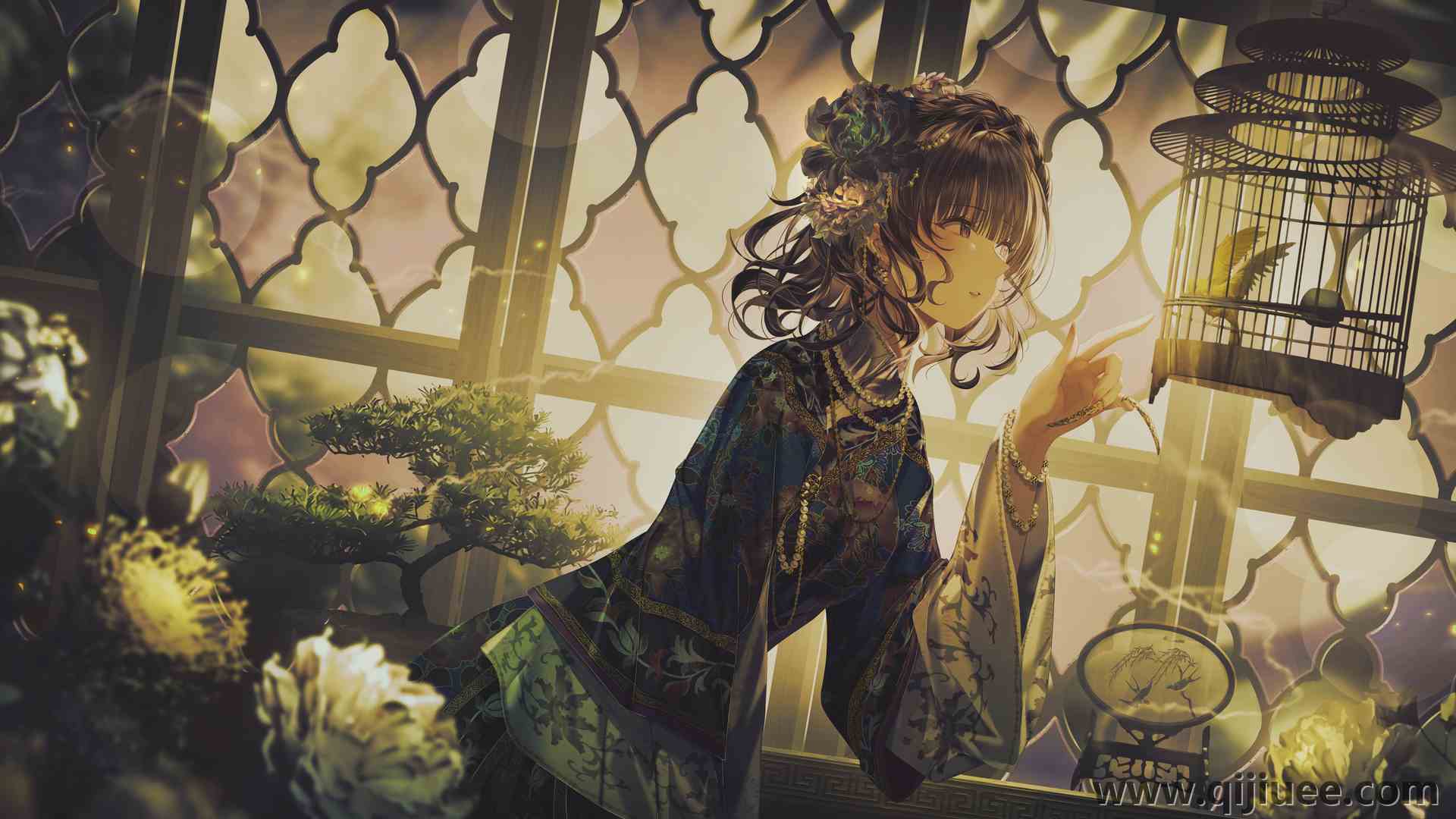 短发 动漫 动漫女孩 连衣裙 鲜花 窗户 阳光 笼子 鸟   电脑壁纸 4K壁纸6528 x 3124/17.28 MB-柒染云阁