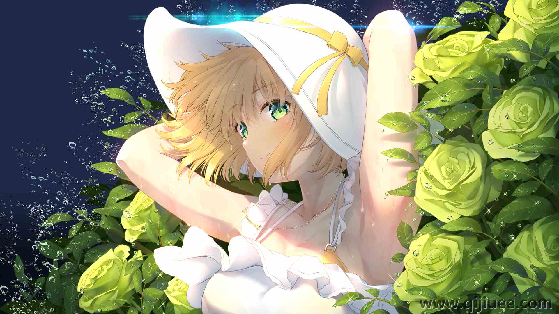 金发 绿眼睛 动漫 动漫女孩 AI艺术 肖像 帽子 太阳裙 鲜花 玫瑰  电脑壁纸 4K壁纸3840 x 2160/7.37 MB-柒染云阁