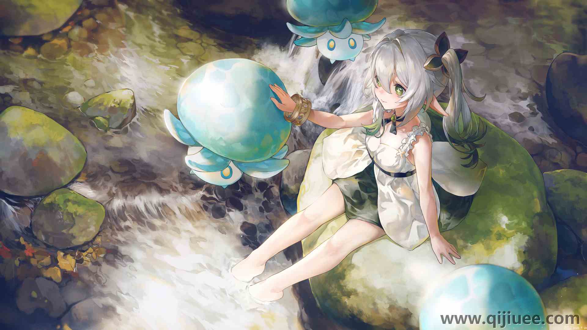 白发 绿眼睛 马尾辫 赤脚 坐着 微笑 头发 艺术品 动漫 动漫女孩 原神 萝莉 大腿 电脑壁纸 4K壁纸6033 x 3378/15.01 MB-柒染云阁