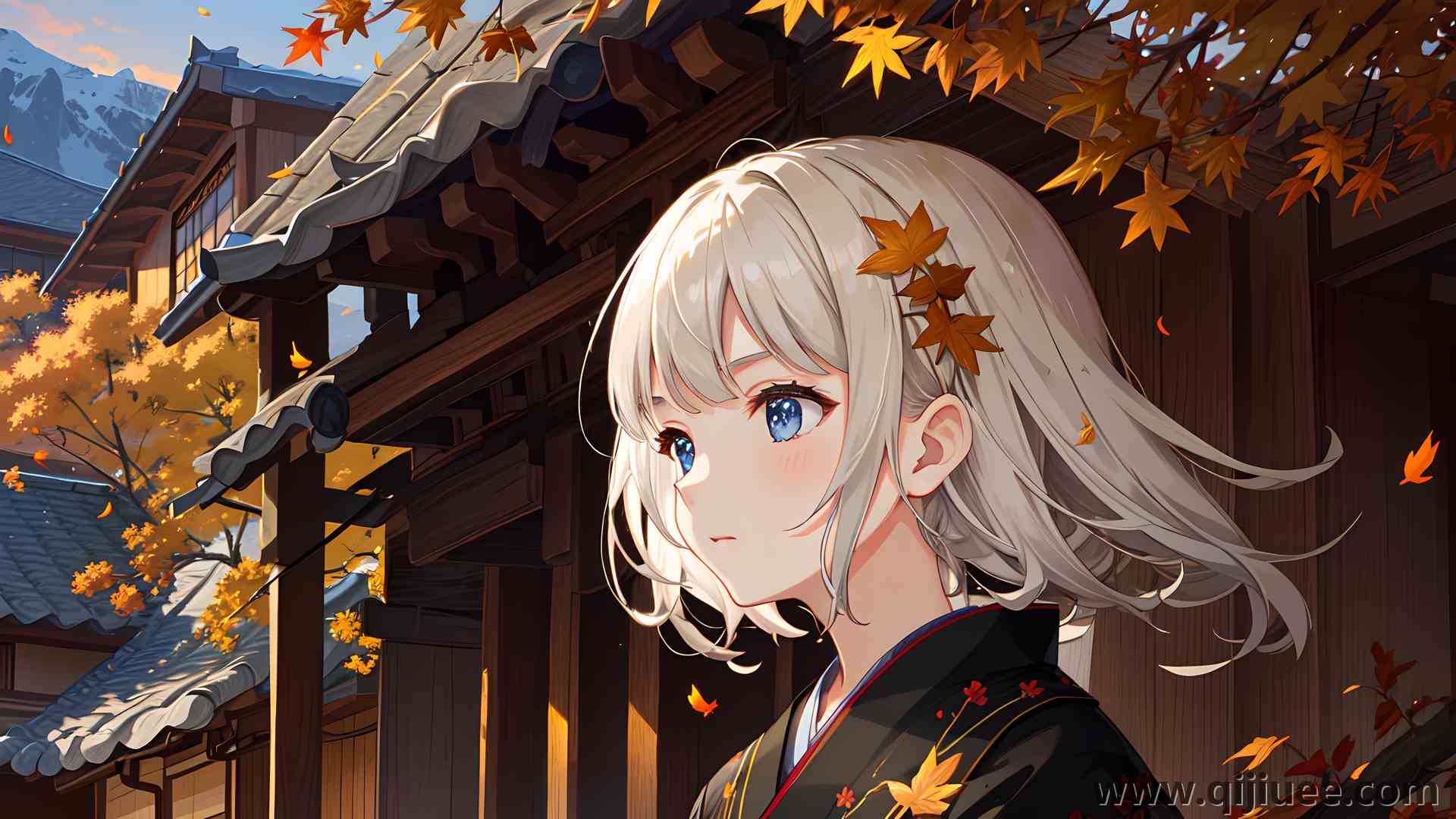 白发 短发 艺术 动漫女孩 枫叶 户外 发饰 和服 树叶  电脑壁纸 4K壁纸3840 x 2160/8.72 MB-柒染云阁
