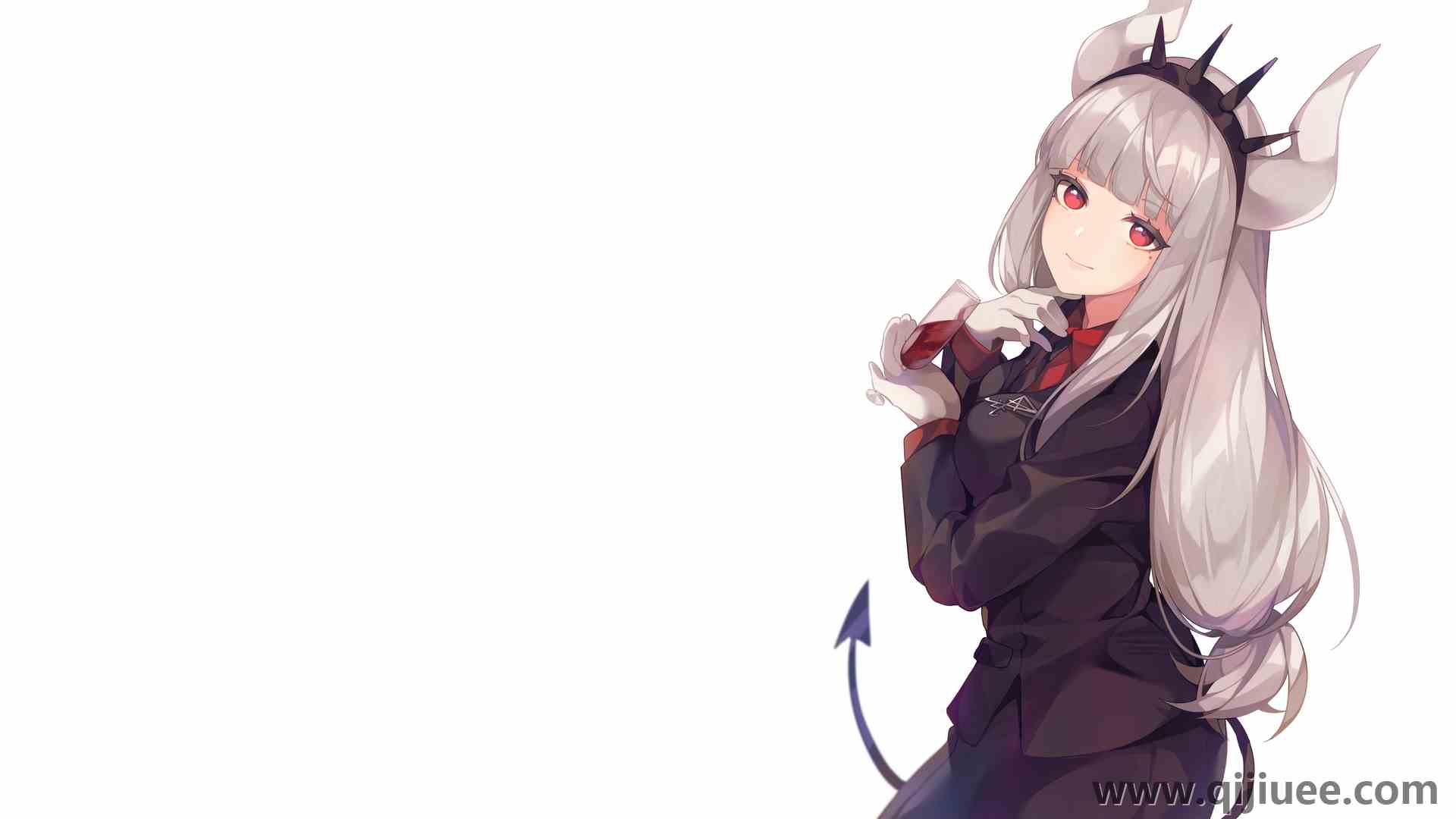 恶魔 女孩 红眼睛 路西法 白色背景 银发 角 尾巴 动漫 动漫女孩  电脑壁纸 4K壁纸3840 x 2160/1.64 MB-柒染云阁