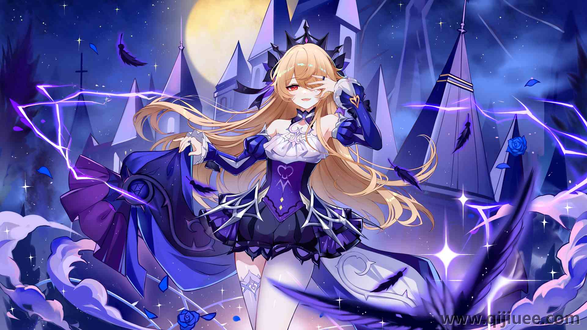 红眼睛 动漫女孩 原神 菲舍尔 花瓣 玫瑰 羽毛 月亮 城堡  电脑壁纸 4K壁纸6300 x 3600/12.65 MB-柒染云阁
