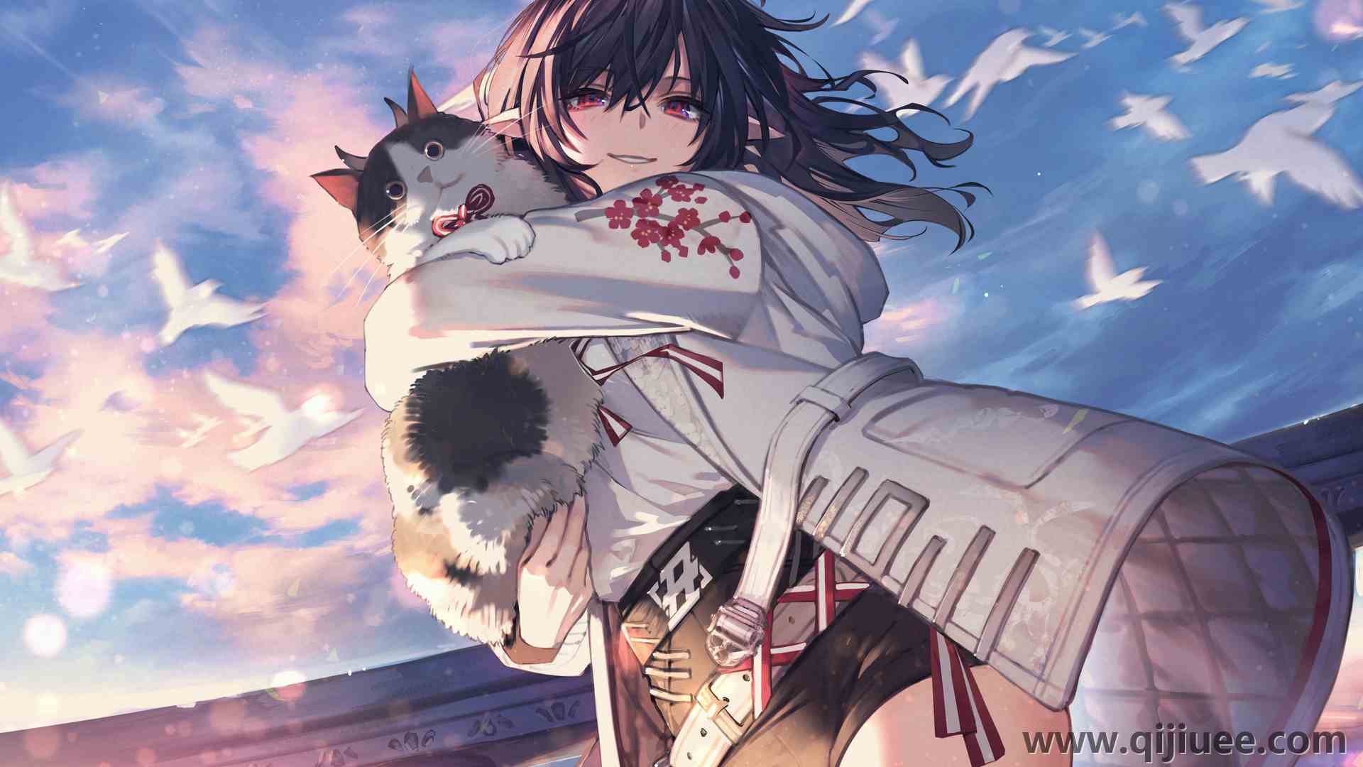 猫女 黑发 红眼 微笑 长发 大腿 猫 动漫女孩 日落 夕阳 天空 猫 云 鸟 动物 阳光 短裤  电脑壁纸 4K壁纸4093 x 2894/15.83 MB-柒染云阁