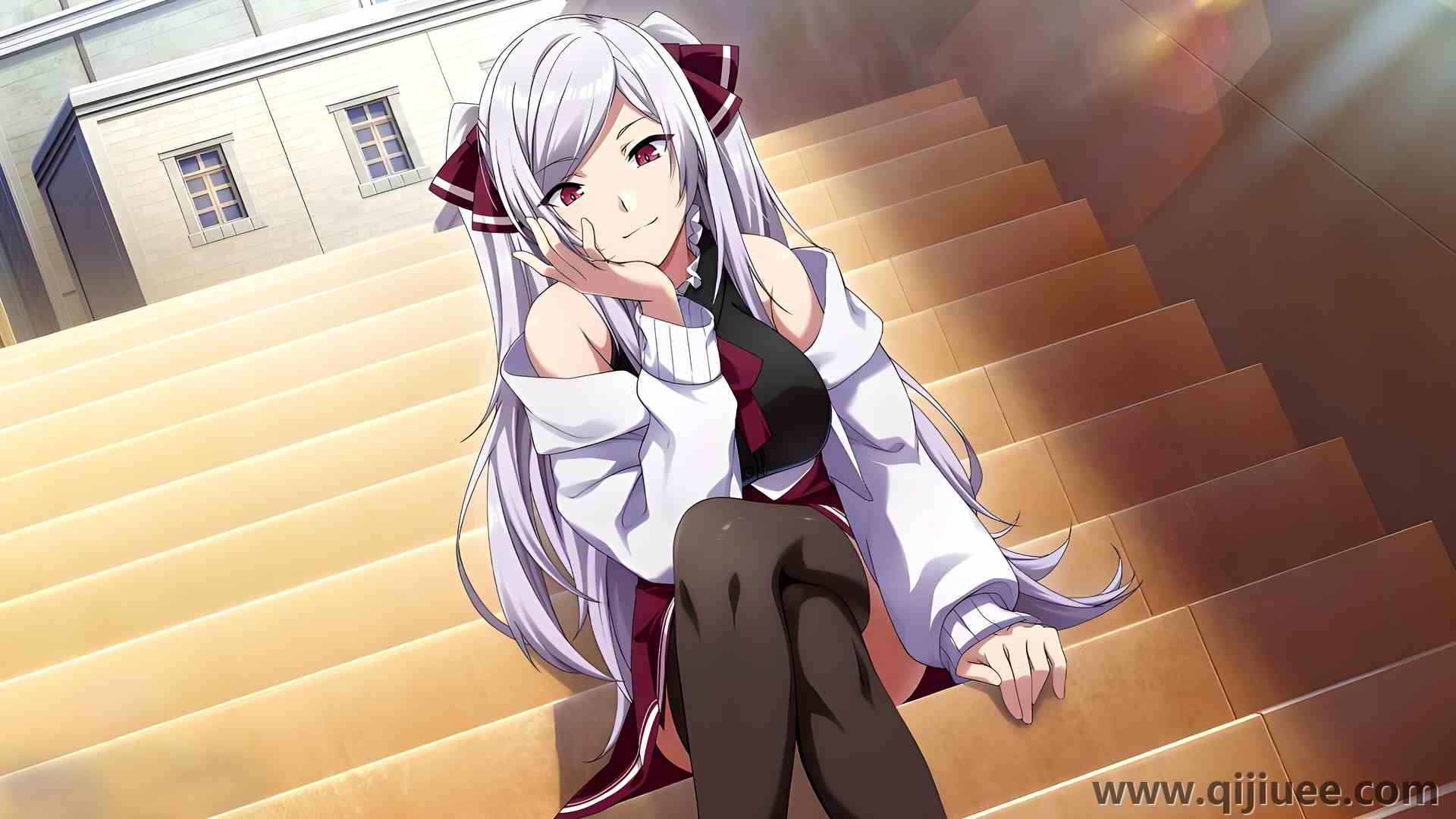 坐着 肩膀 长发 红眼 女学生 动漫 动漫女孩 阳光  建筑 丝袜 校服  电脑壁纸 4K壁纸3840 x 2160/6.54 MB-柒染云阁