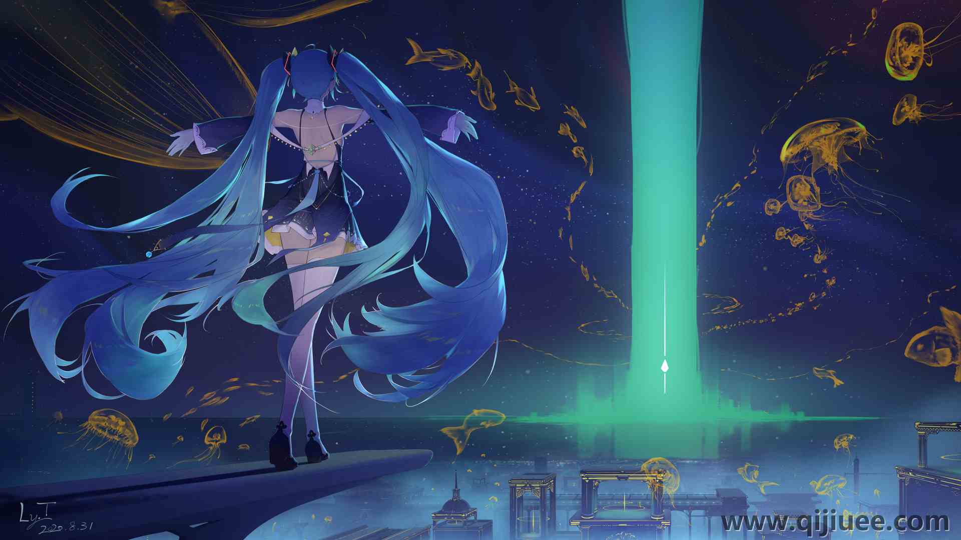 长发 蓝头发 行走 动漫 动漫女孩 天空 初音未来 水母 动物 鱼 连衣裙 白色丝袜 长筒袜  电脑壁纸 4K壁纸4674 x 2700/5.46 MB-柒染云阁