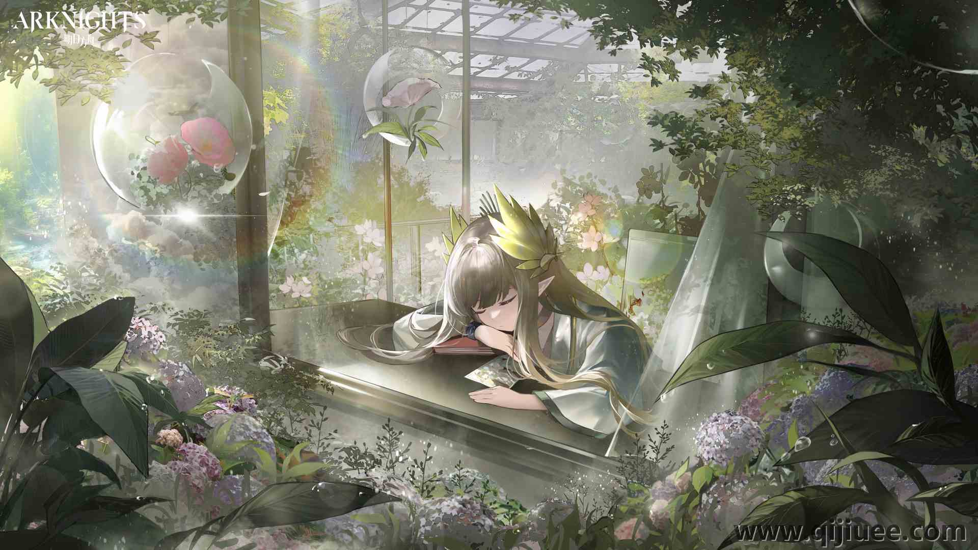 眼睛 长发  骑士 耳朵 树木 长袖 睡觉 头饰 阳光 气泡 叶子 露珠 动漫女孩 动漫 绿色 书籍 花朵 明亮 植物  电脑壁纸 4K壁纸4800 x 2700/8.3 MB-柒染云阁