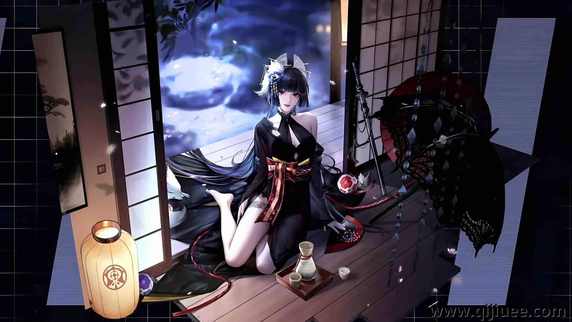 长发 肩膀 动漫女孩 动漫 清酒 夜 花瓣 杯子 武士刀 武器 灯笼 地板  电脑壁纸 4K壁纸7484 x 4260/2.55 MB-柒染云阁