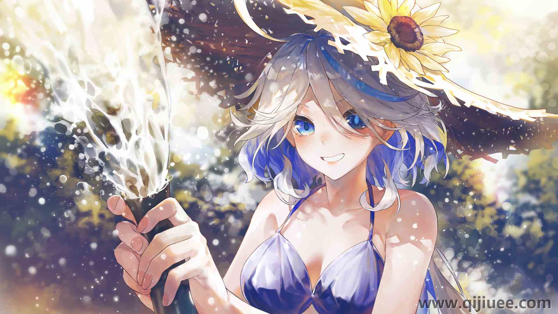 微笑长发蓝眼睛 异瞳 蓝头发 动漫 动漫女孩 原神 草帽 水 比基尼 水滴 向日葵  电脑壁纸 4K壁纸6316 x 3600/15.64 MB-柒染云阁