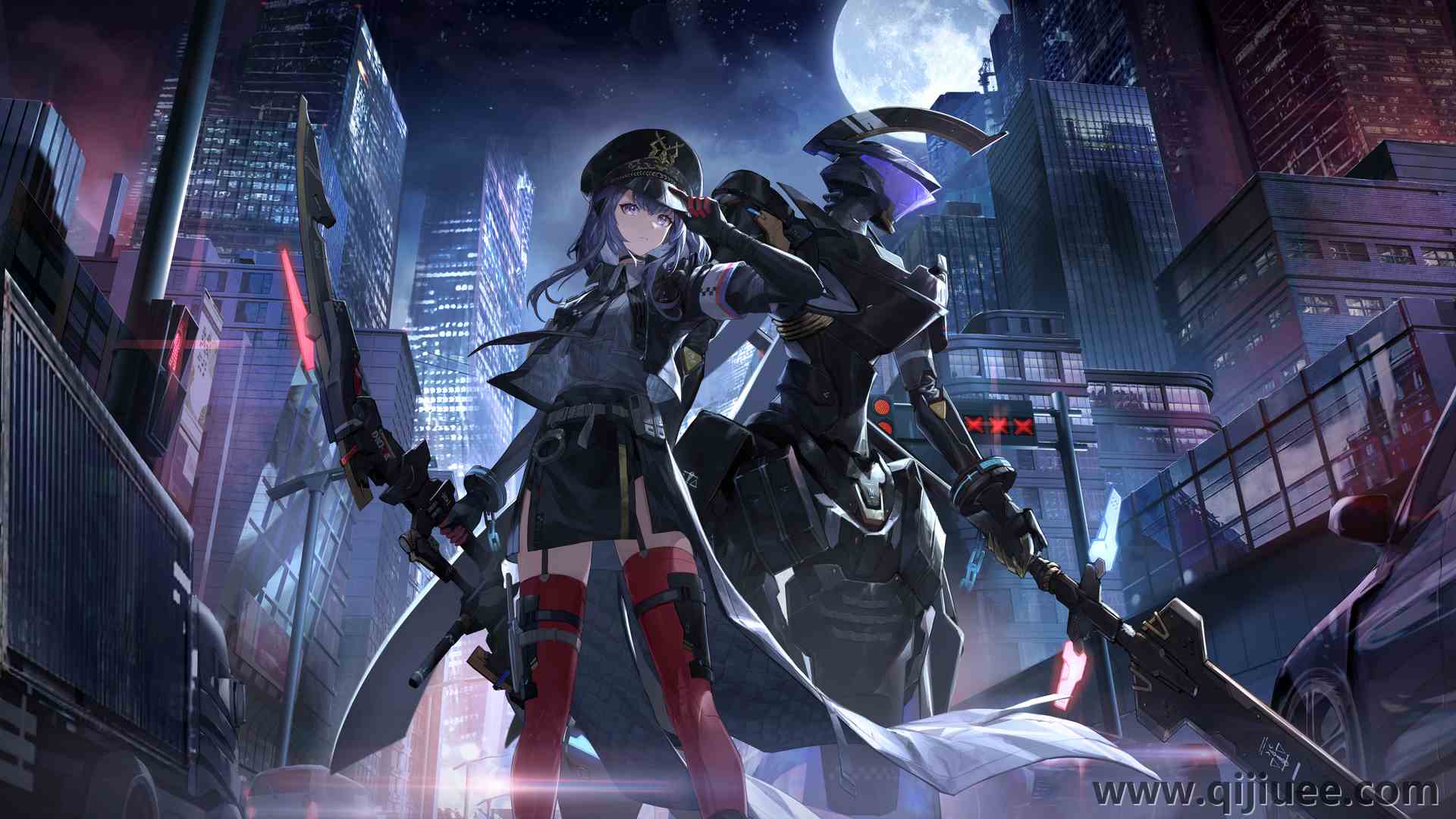 站立 警察 服装 城市 动漫女孩 夜 月亮 月光 天空 游戏 建筑   电脑壁纸 4K壁纸3840 x 2160/2.76 MB-柒染云阁