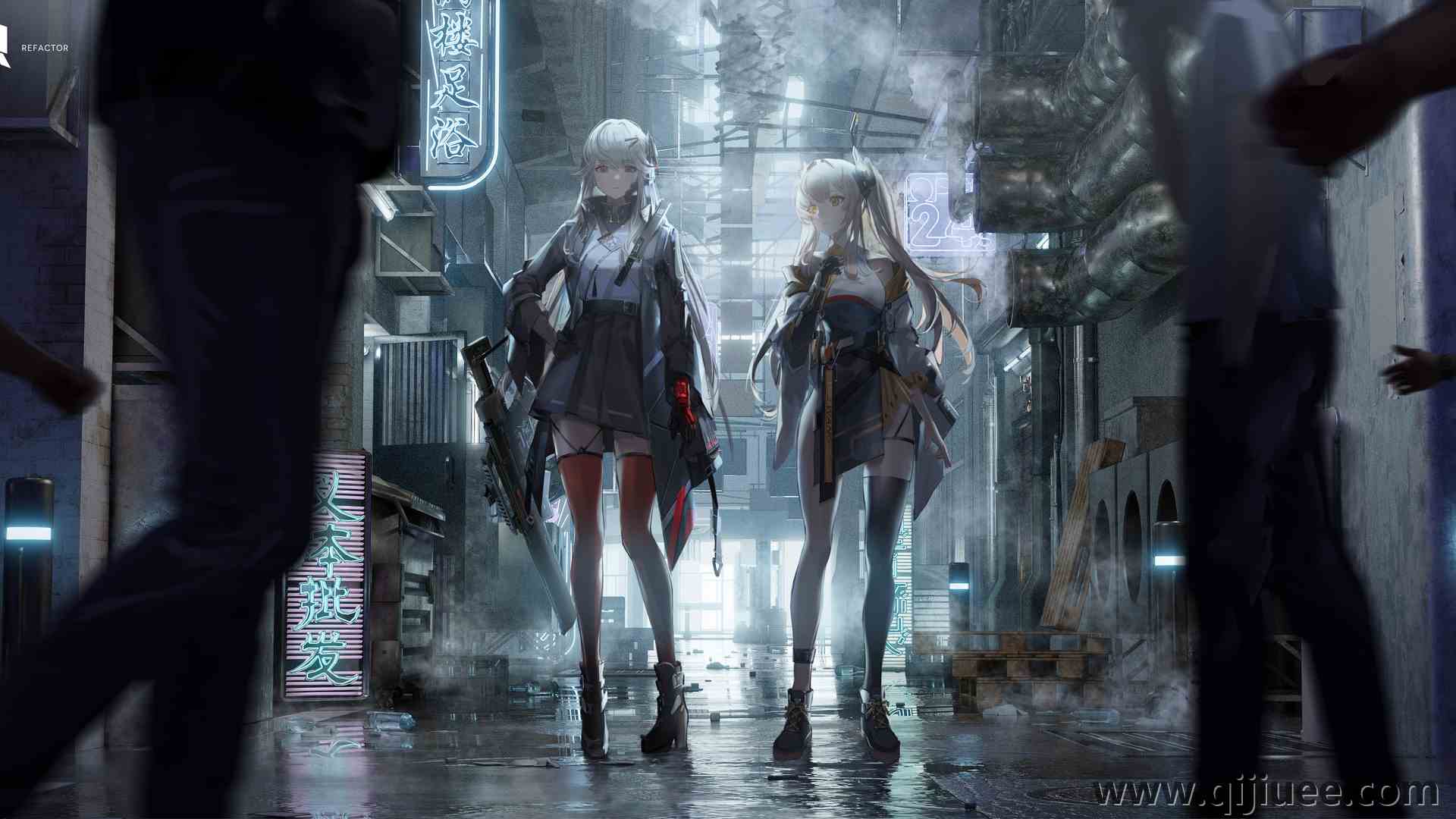 女孩 长发 动漫 动漫女孩 枪 手套 双胞胎 霓虹灯 标志 城市 赛博朋克 游戏  电脑壁纸 4K壁纸5602 x 2587/4.47 MB-柒染云阁