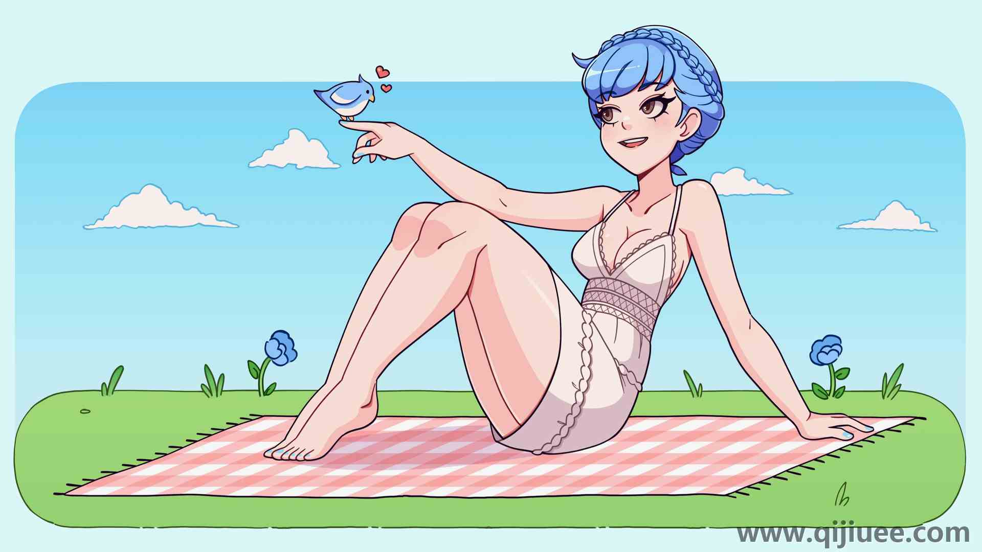 蓝色头发 辫子 刘海 赤脚 大腿 游戏 女孩 彩绘 指甲 任天堂 动物 鸟类 蓝色花 毯子 毯子 野餐 云 白色 连衣裙 太阳裙 棕色眼睛 心形  电脑壁纸 4K壁纸4096 x 2304/3.72 MB-柒染云阁