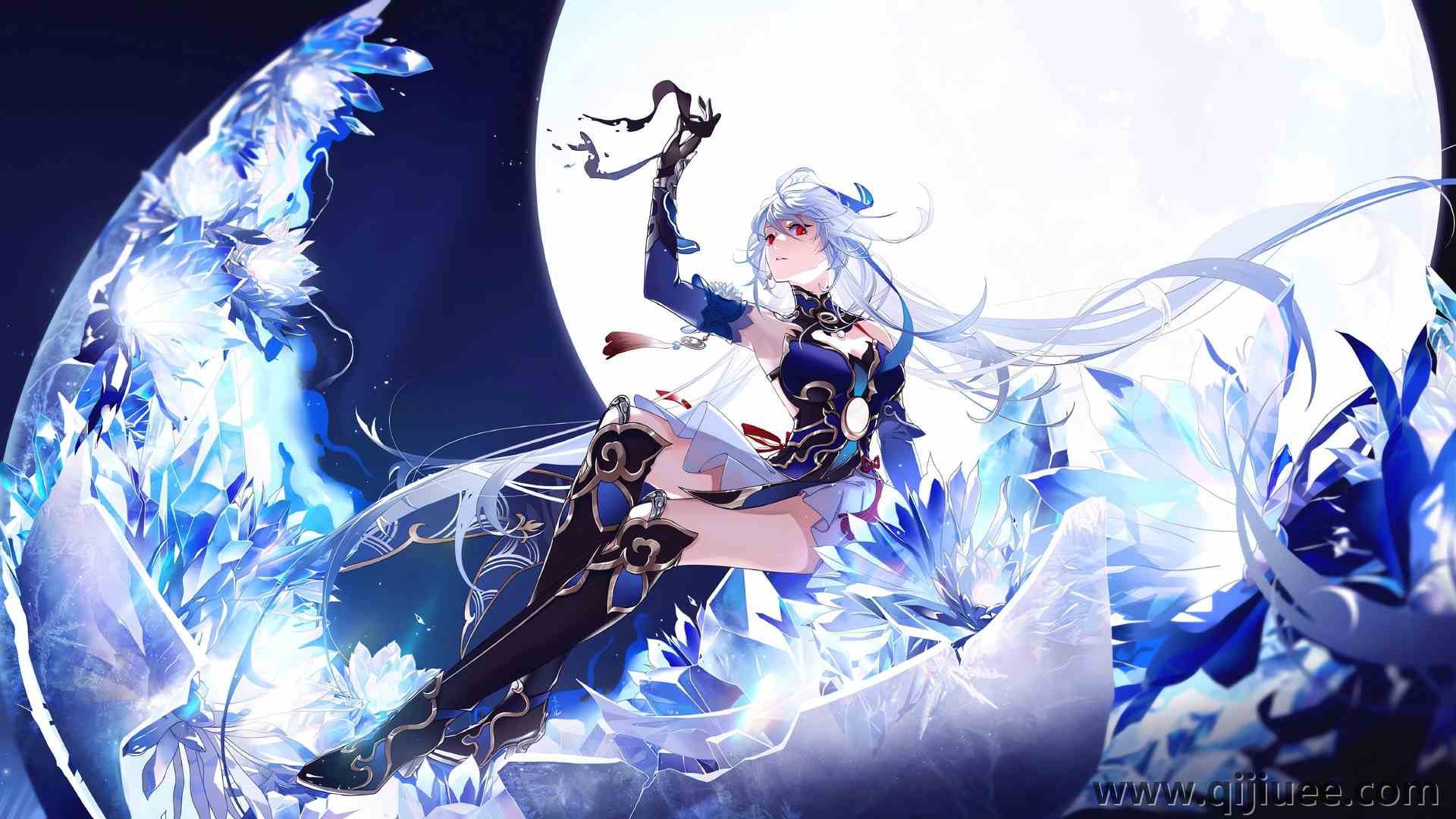 长发 白发 幻想女孩 女性 动漫 动漫女孩 月亮 靴子 夜 崩坏 电脑壁纸 4K壁纸4682 x 2160/1.88 MB-柒染云阁