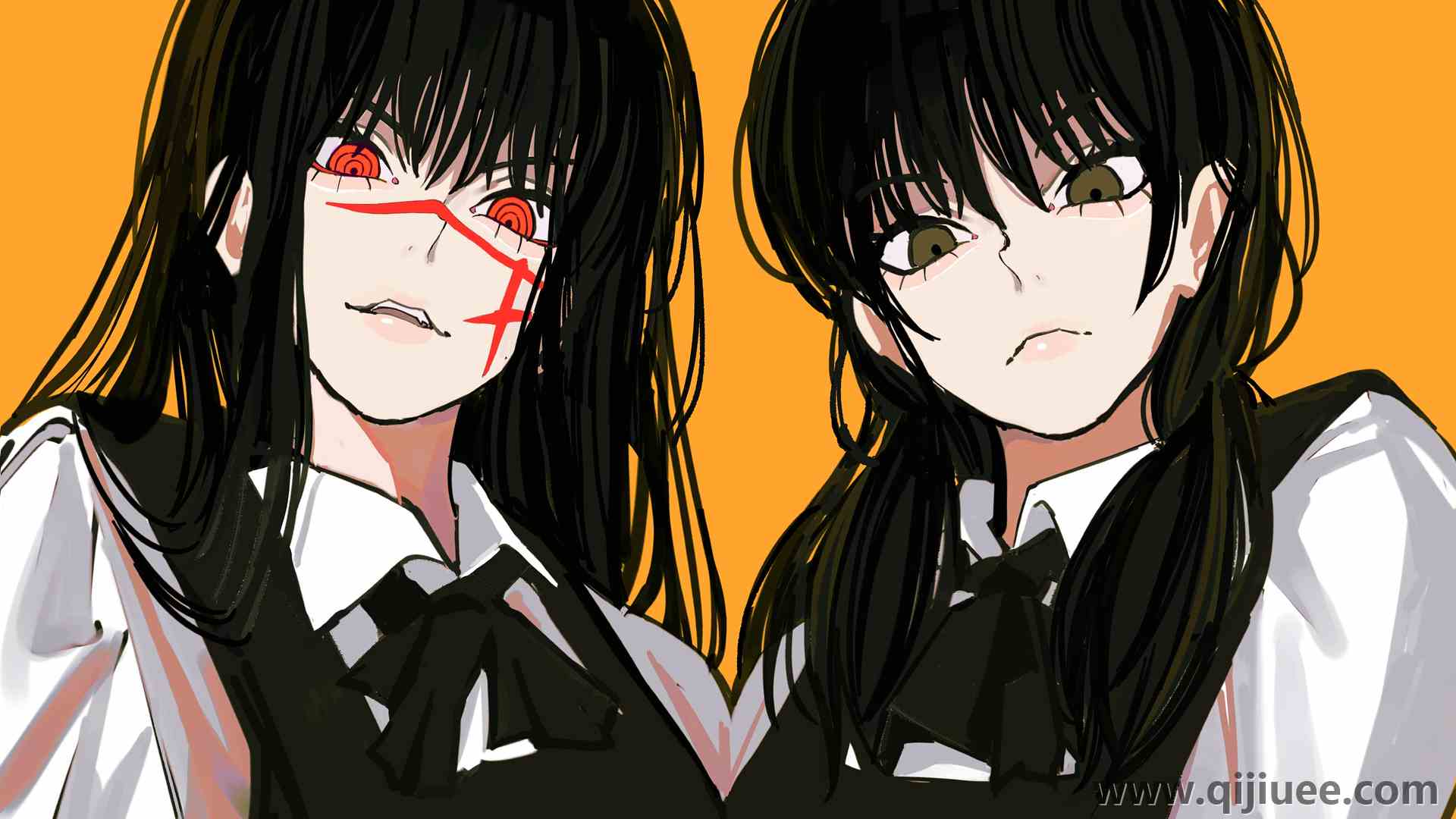 赛伦 长发 电锯人 动漫女孩 动漫 黑发 橙色背景 简单背景 极简主义  电脑壁纸 4K壁纸3840 x 2160/3.9 MB-柒染云阁