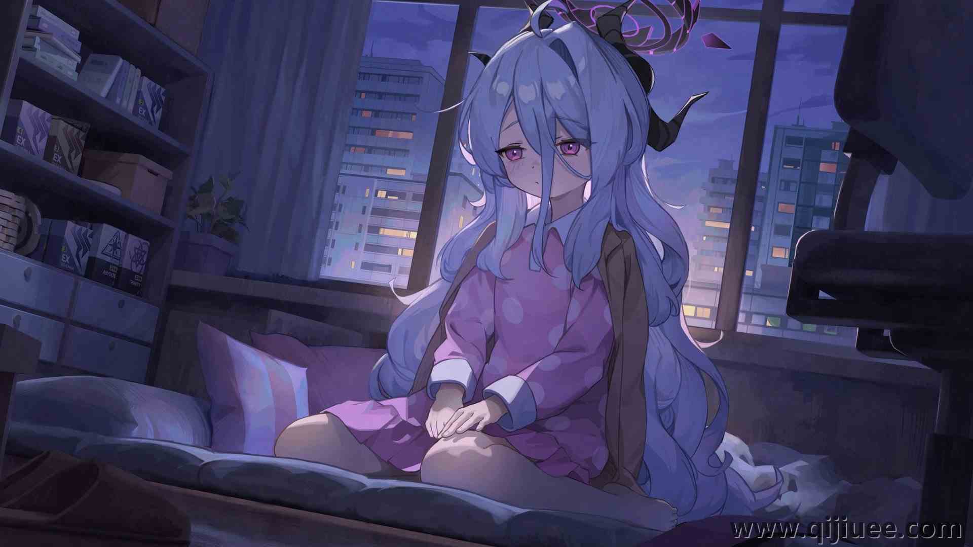 白色头发 长发 蔚蓝档案  紫色眼睛 动漫女孩 睡衣 窗户 号角 室内 建筑 萝莉  电脑壁纸 4K壁纸4096 x 2330/0.9 MB-柒染云阁