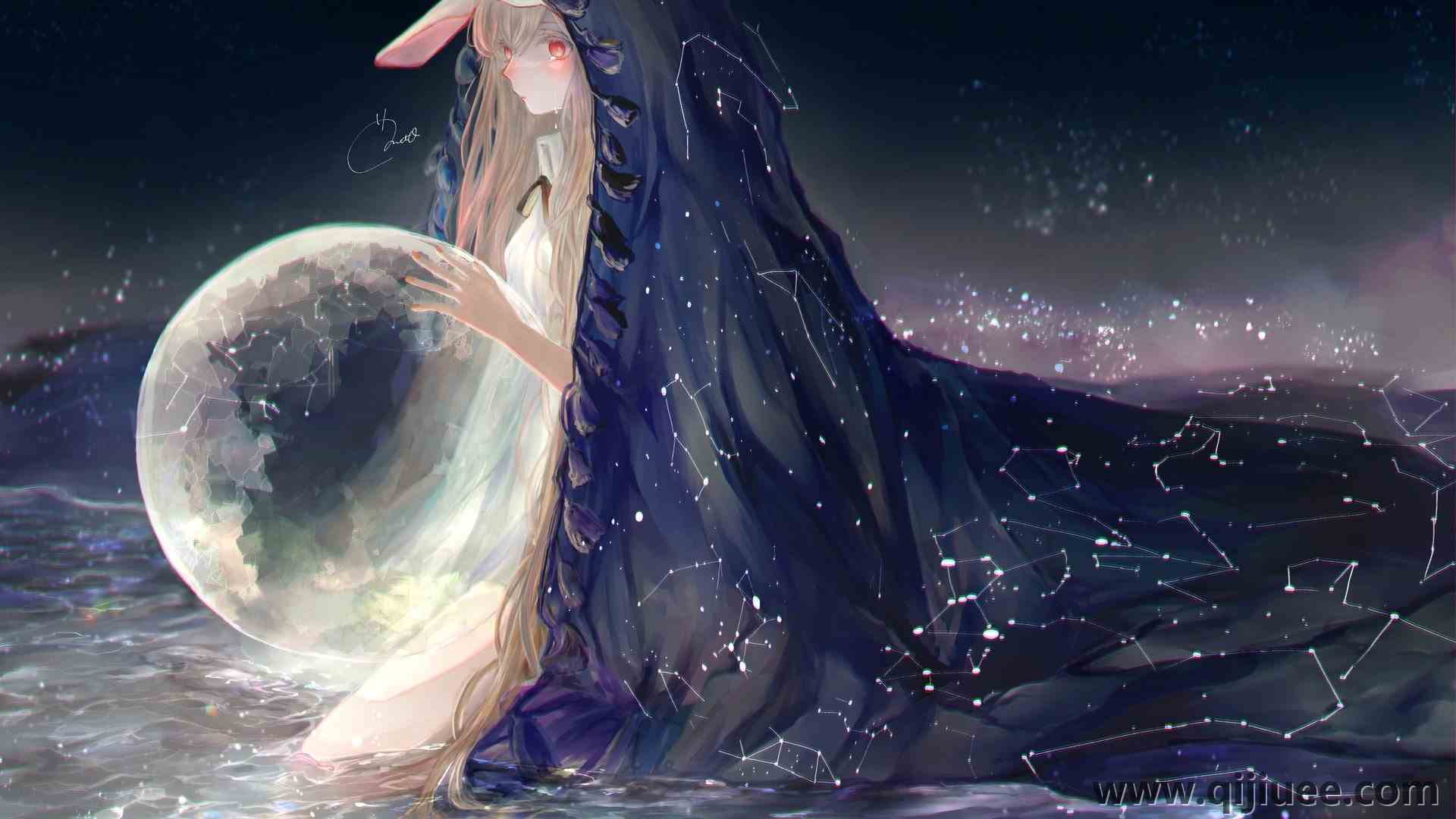 金发 长发 红色眼睛 动漫 动漫女孩 行星 兔耳朵 水中 太空 星星 斗篷 奇幻艺术  电脑壁纸 4K壁纸4096 x 3005/1.03 MB-柒染云阁