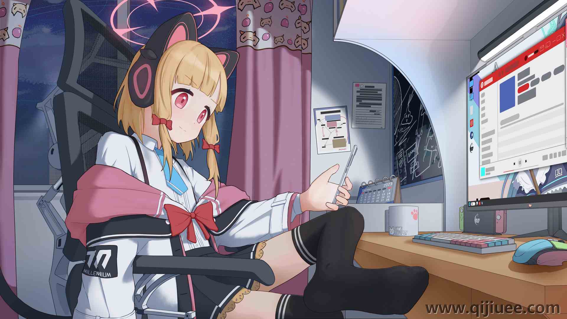 金发 女郎 猫女 室内 微笑 女学生 蓝色档案 动漫 游戏 动漫女孩 校服 猫耳朵 耳机 猫尾巴 室内 窗户 电脑 键盘 袜子  电脑壁纸 4K壁纸4552 x 2399/4.8 MB-柒染云阁