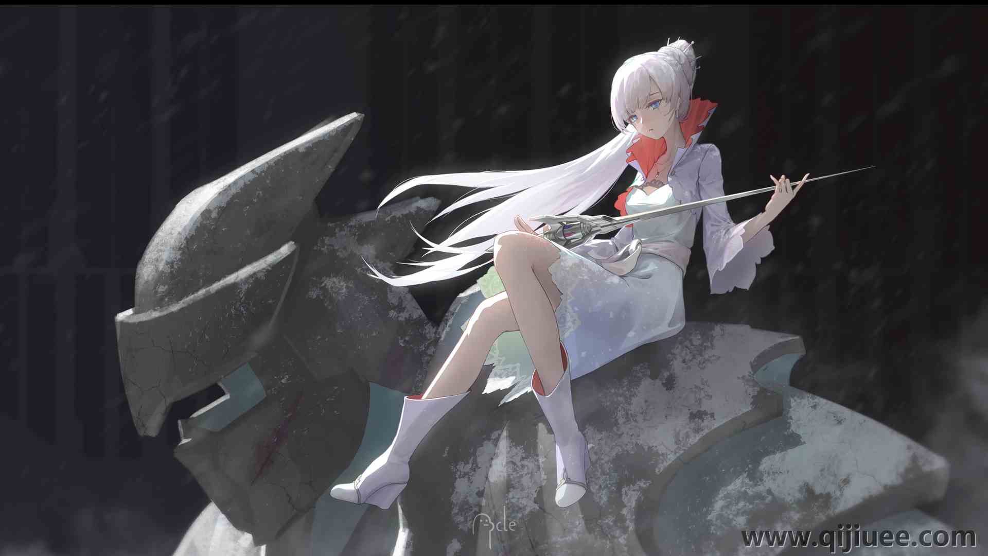 长发 马尾辫 白发 蓝眼睛 动漫 动漫女孩 剑 极简主义 项链 靴子 连衣裙  电脑壁纸 4K壁纸4961 x 3508/3.31 MB-柒染云阁