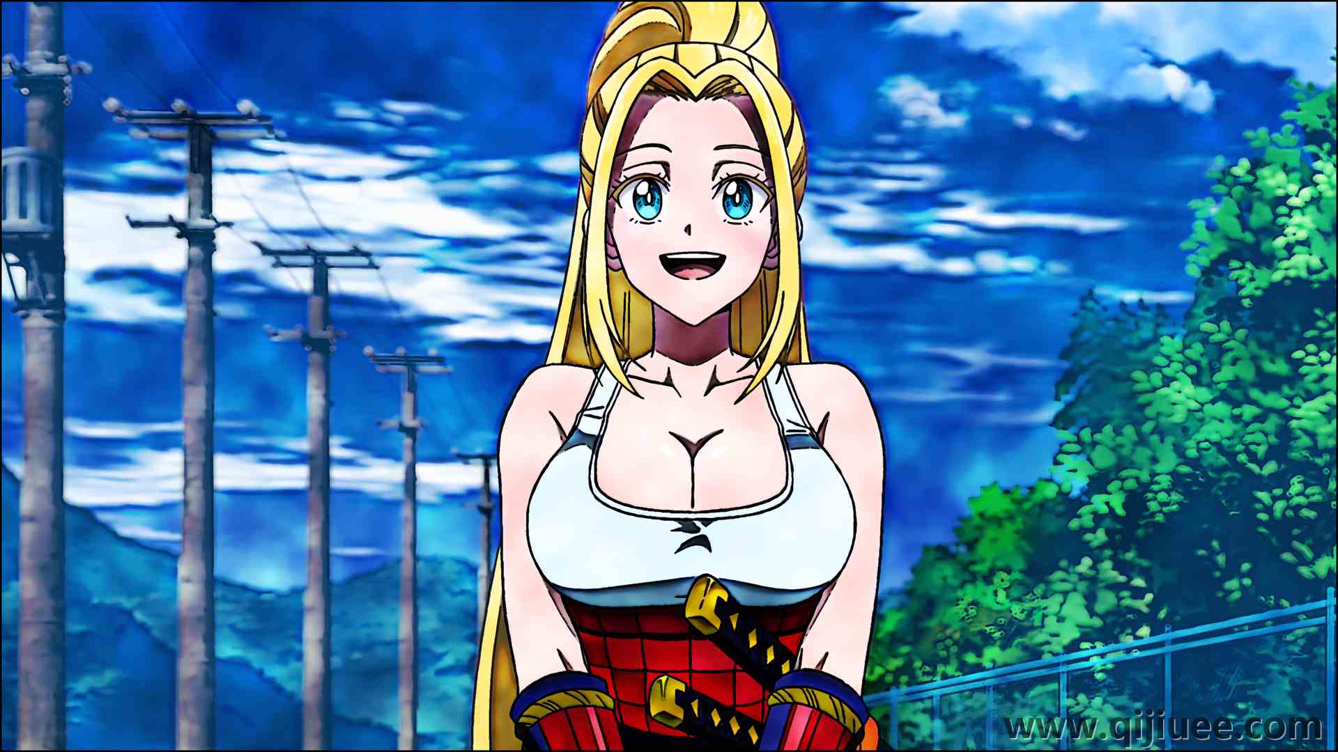 长发 金发 蓝眼睛 女人 动漫女孩 云 天空 武士刀  电脑壁纸 4K壁纸3840 x 2160/5.16 MB-柒染云阁