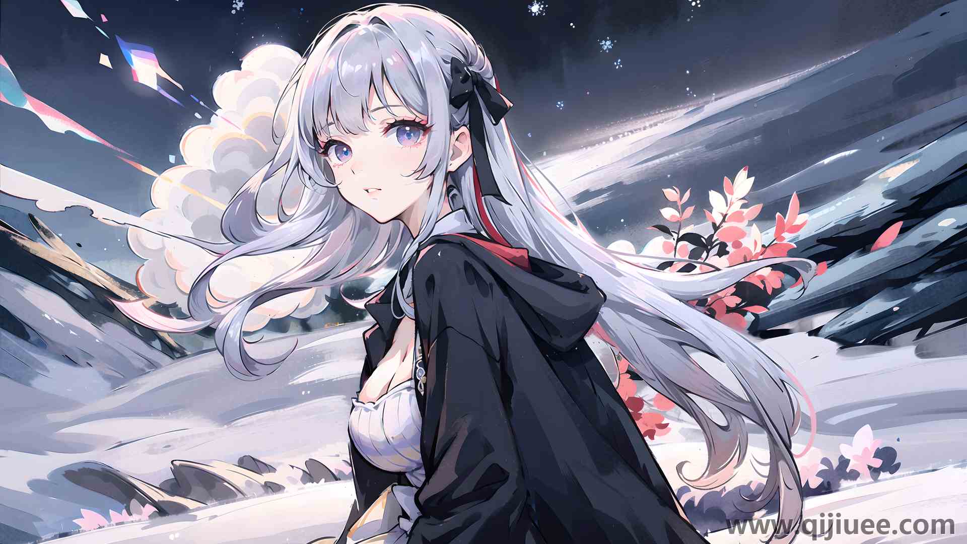 长发 艺术 银发 动漫女孩 雪 花瓣 紫色 眼睛 山  4K壁纸3840 x 2400/10.27 MB-柒染云阁