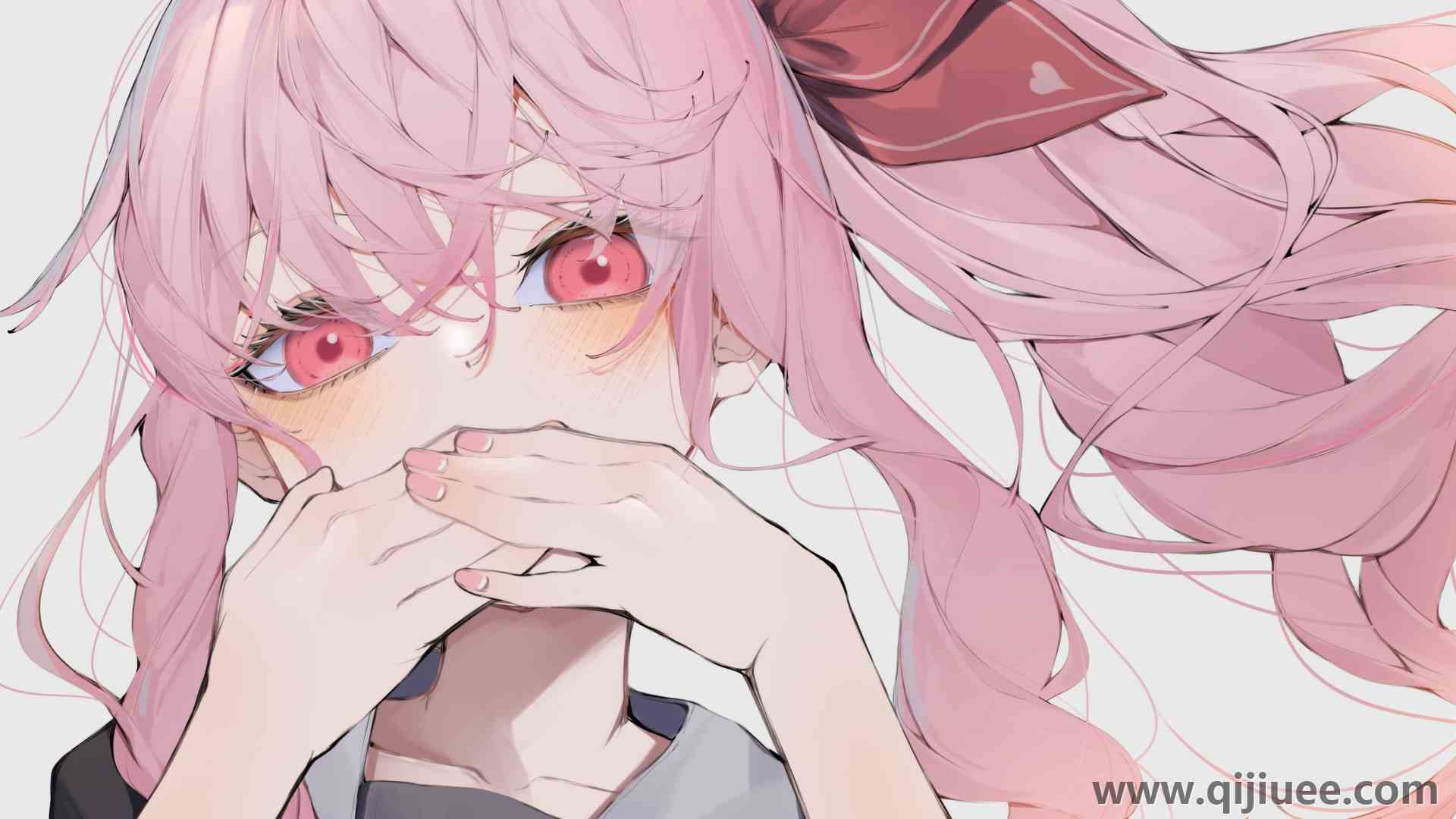 粉色头发 粉色眼睛 长发 动漫 动漫女孩 脸红 背景简单 白色背景 极简主义 遮脸  4K壁纸4096 x 2560/1.1 MB-柒染云阁