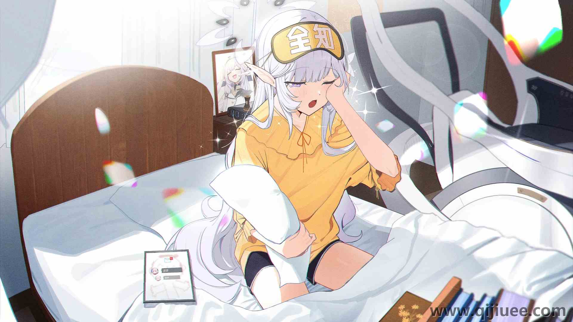 长发 卧室 坐着 白发 动漫 动漫女孩 打哈欠 兽耳 眼罩 枕头 阳光 睡衣 蔚蓝档案  4K壁纸4000 x 2251/3.97 MB-柒染云阁