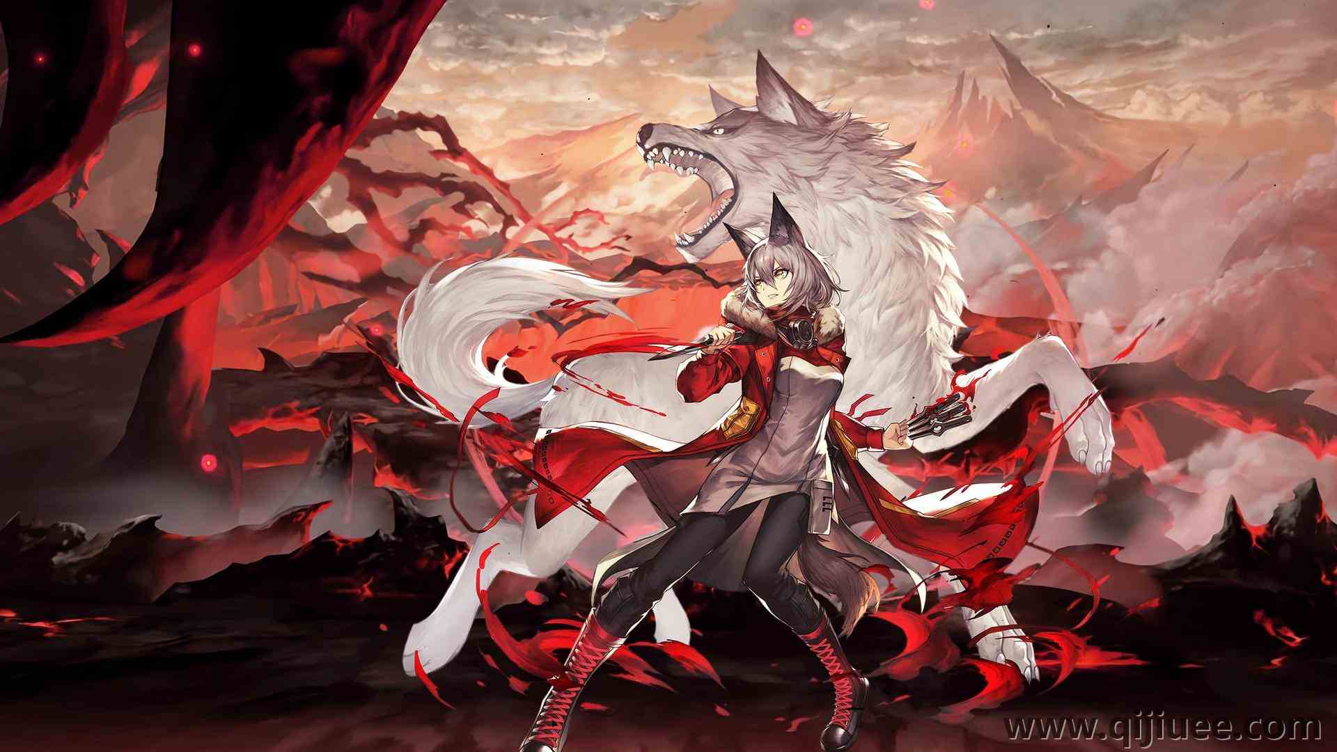 狼耳朵 动画 动漫女孩 狼 刀 山 狼女孩 明日方舟  4K壁纸3840 x 2160/0.59 MB-柒染云阁
