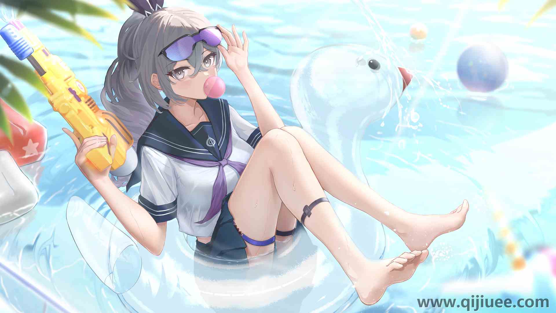 电子游戏女孩 女学生 动漫女孩 银狼 泳池 校服 水枪 泡泡糖  户外 4K壁纸4961 x 3366/8.95 MB-柒染云阁