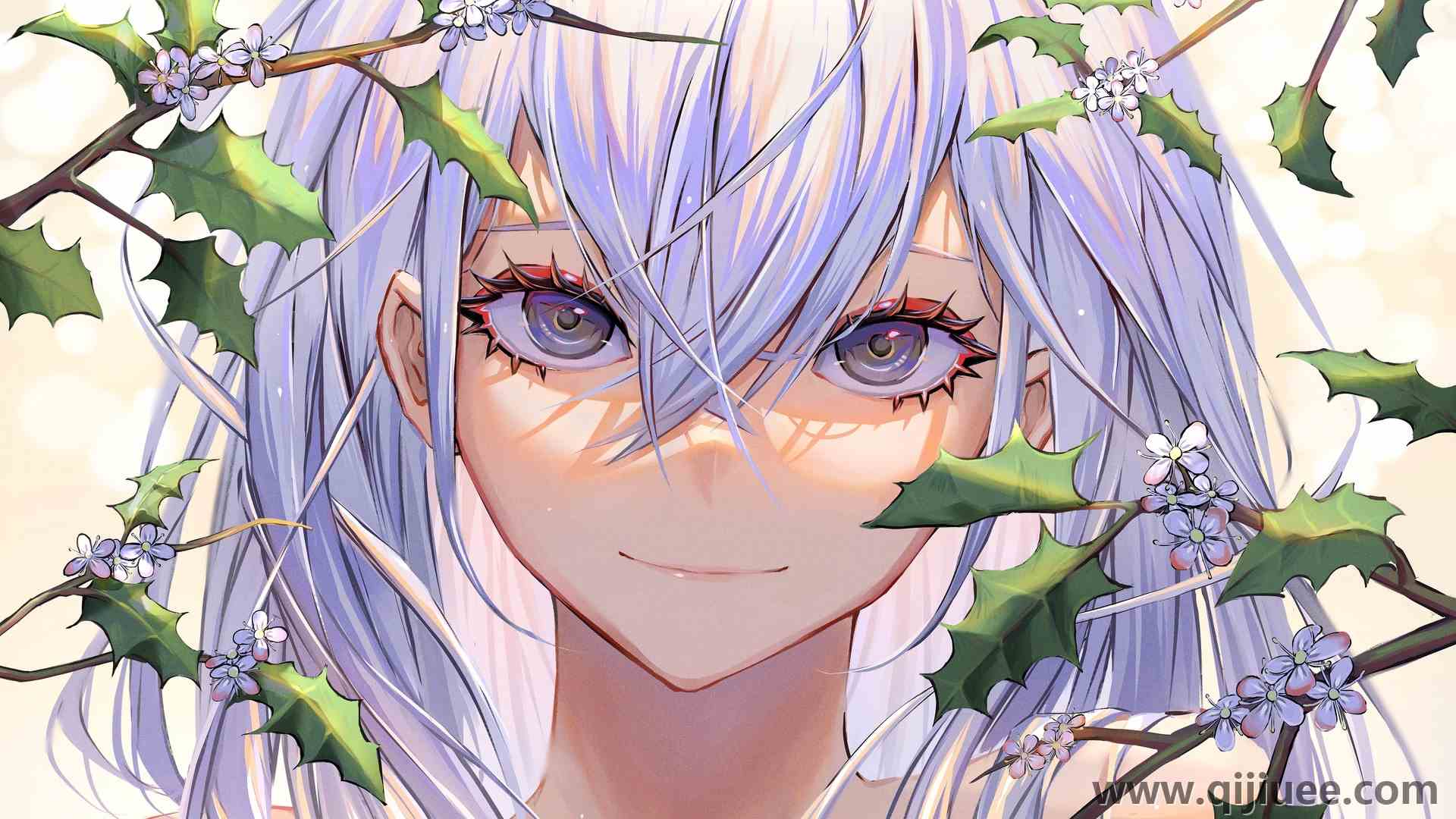 原创人物 微笑 白发 动漫女孩 树叶 树枝 花 4K壁纸4210 x 2728/4.74 MB-柒染云阁