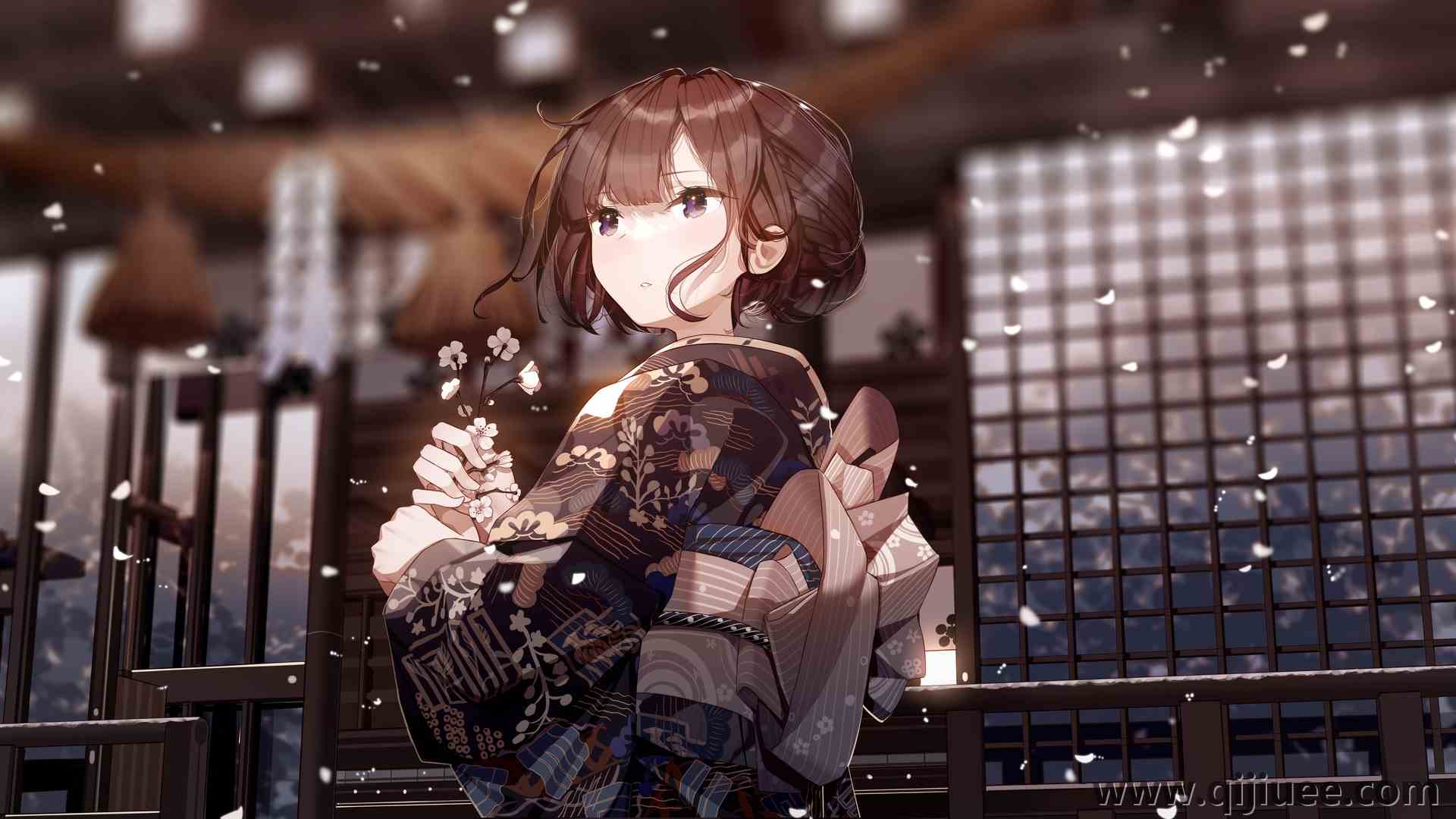 黑发 深色 动漫 动漫女孩 和服 服装 插图  4K壁纸4320 x 2160/1.3 MB-柒染云阁